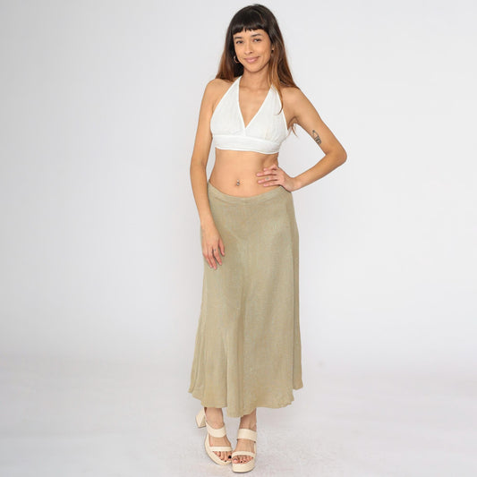 80s Tan Knit Midi Skirt High Waist Elastic Flared Small
