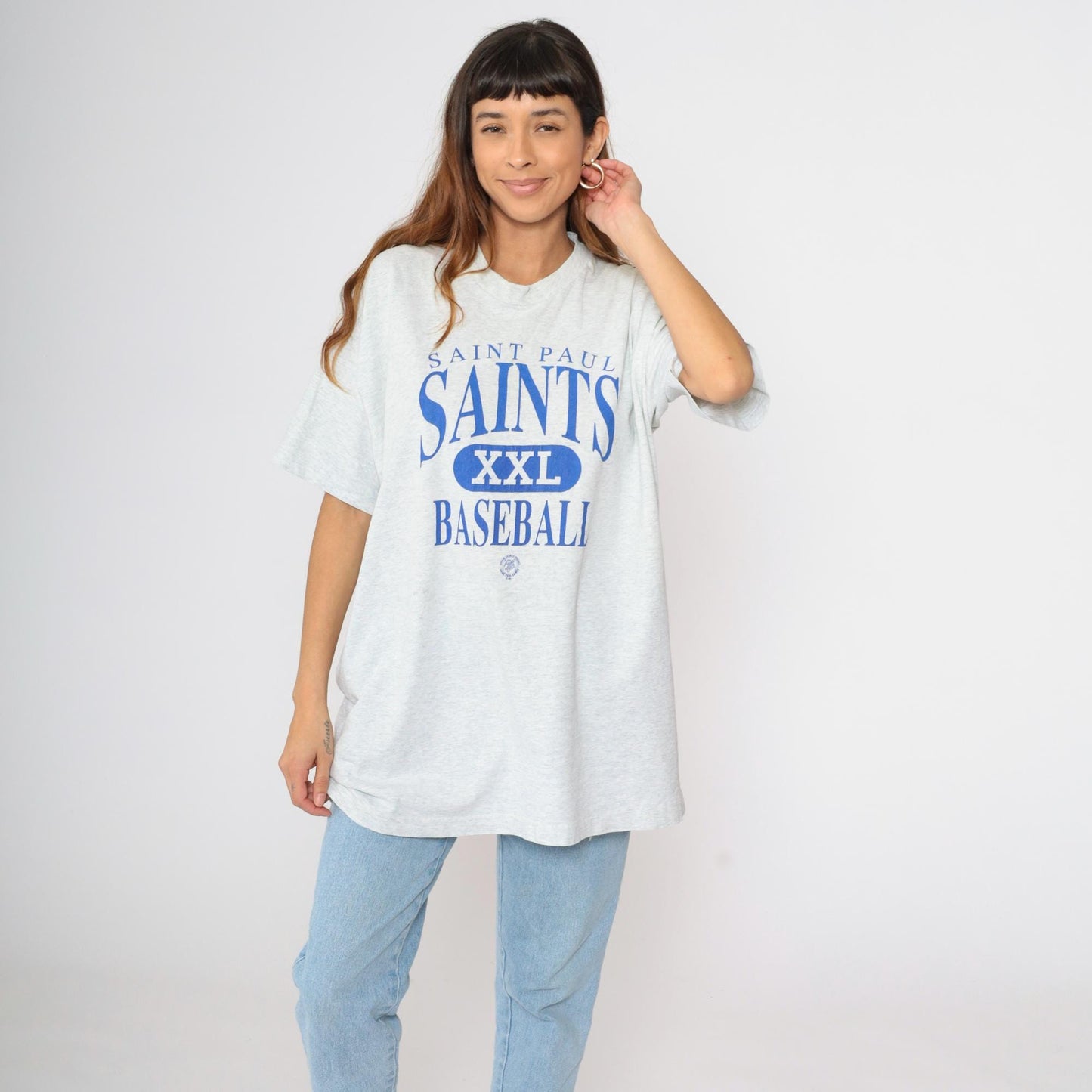 90s Saint Paul Saints Baseball Graphic T-Shirt Grey Fruit of the Loom Extra Large
