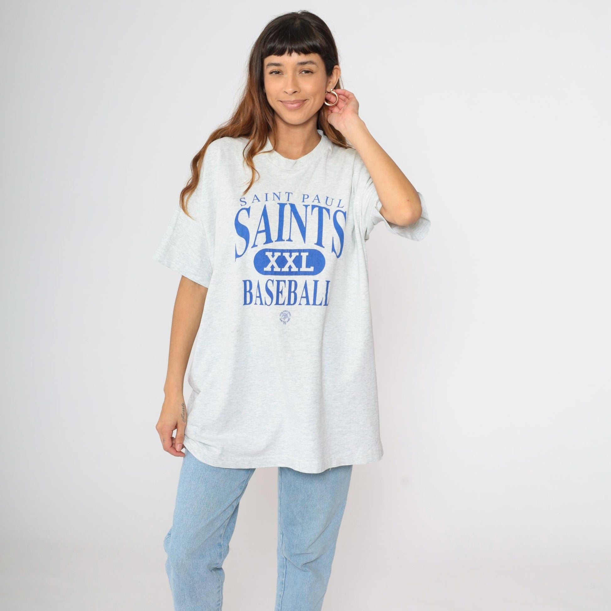 90s Saint Paul Saints Baseball Graphic T-Shirt Grey Fruit of the Loom Extra Large