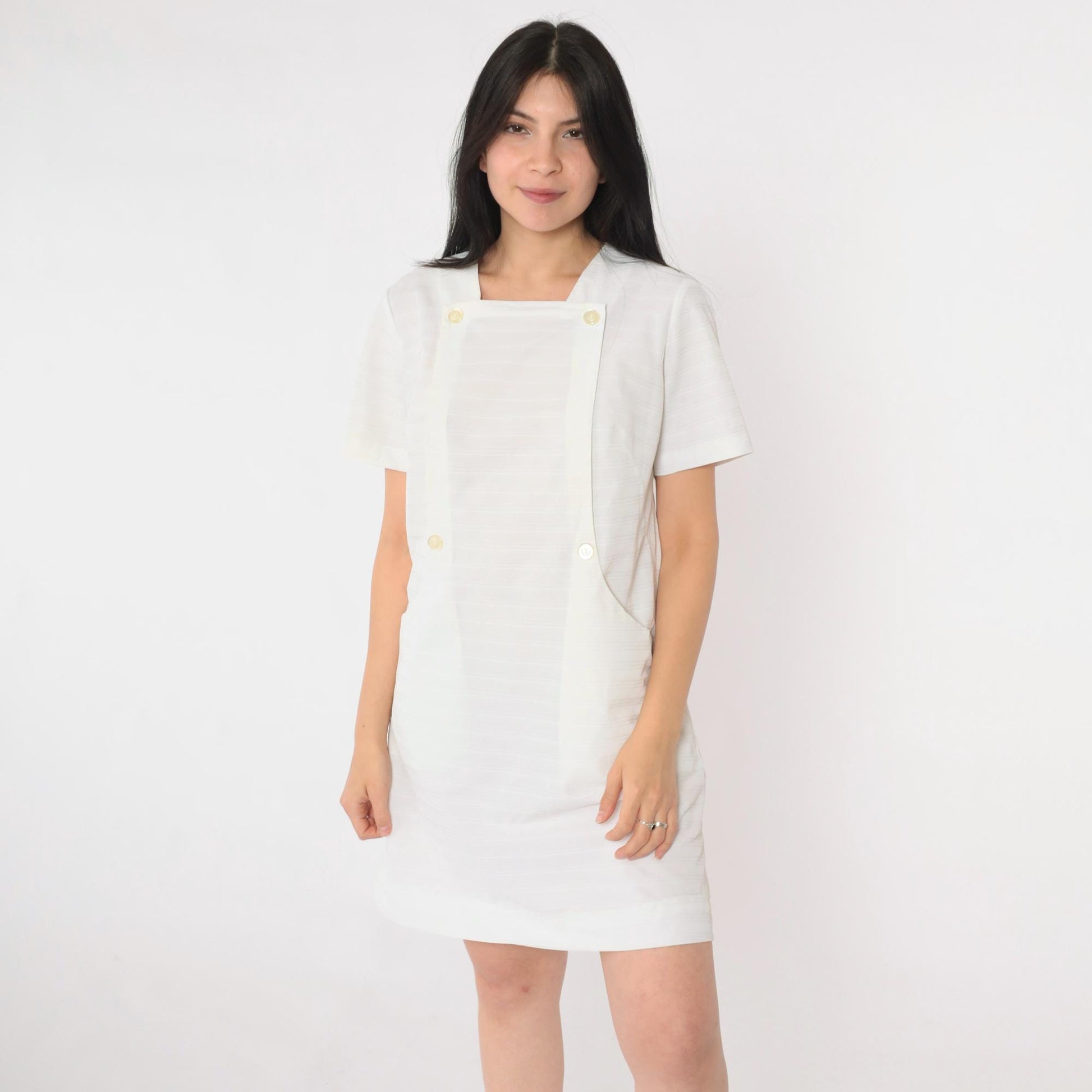 60s White Nurse Shift Dress Mini Button-Front Short Sleeve Small