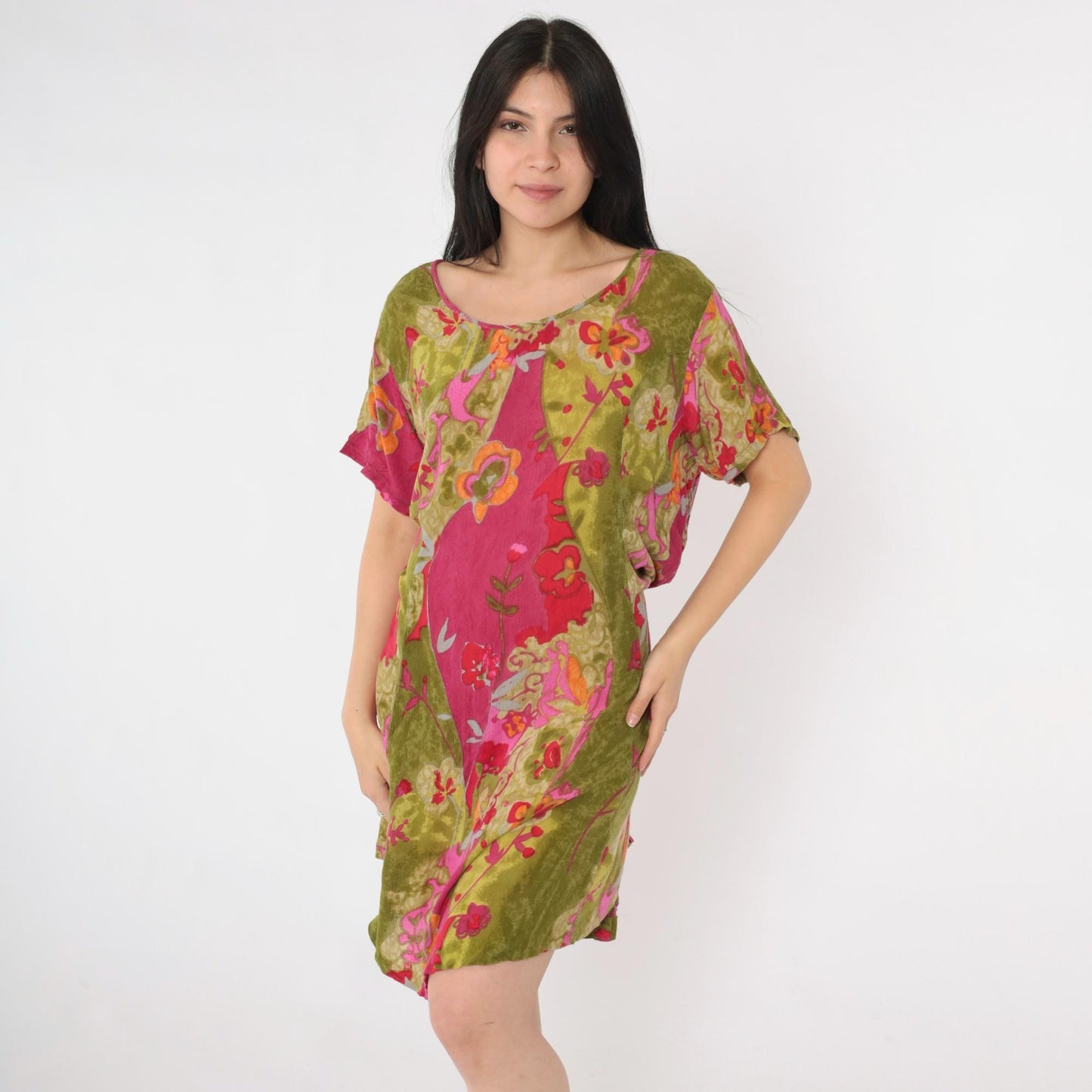 90s Lolette Floral Mini Dress Olive Fuchsia Shift Tie Back Extra Large XXL