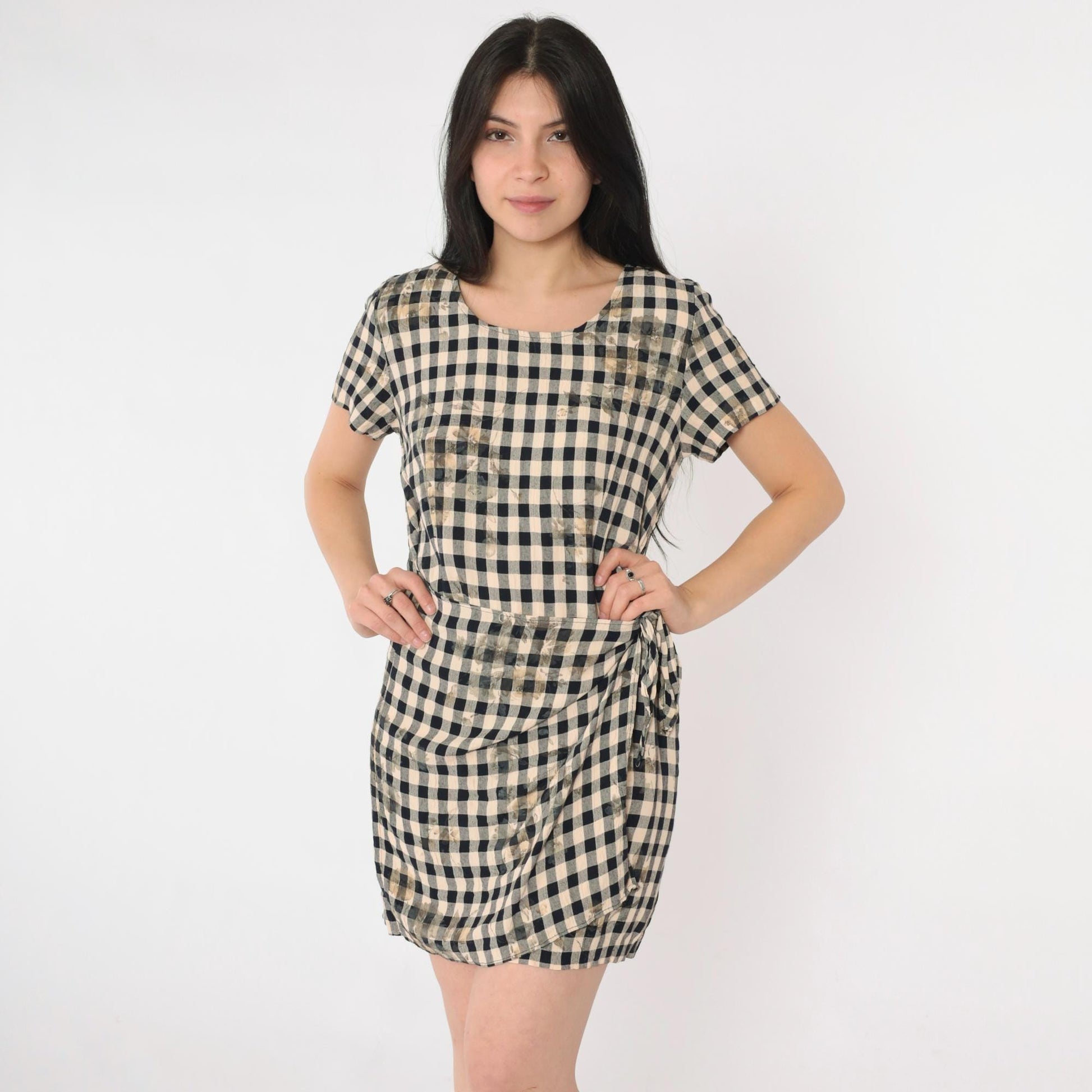 90s Black Beige Checkered Floral Mini Dress Wrap Panel Short Sleeve Small S