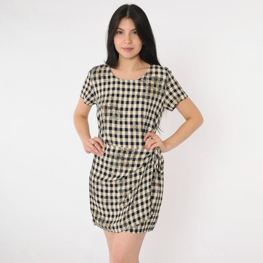90s Black Beige Checkered Floral Mini Dress Wrap Panel Short Sleeve Small S