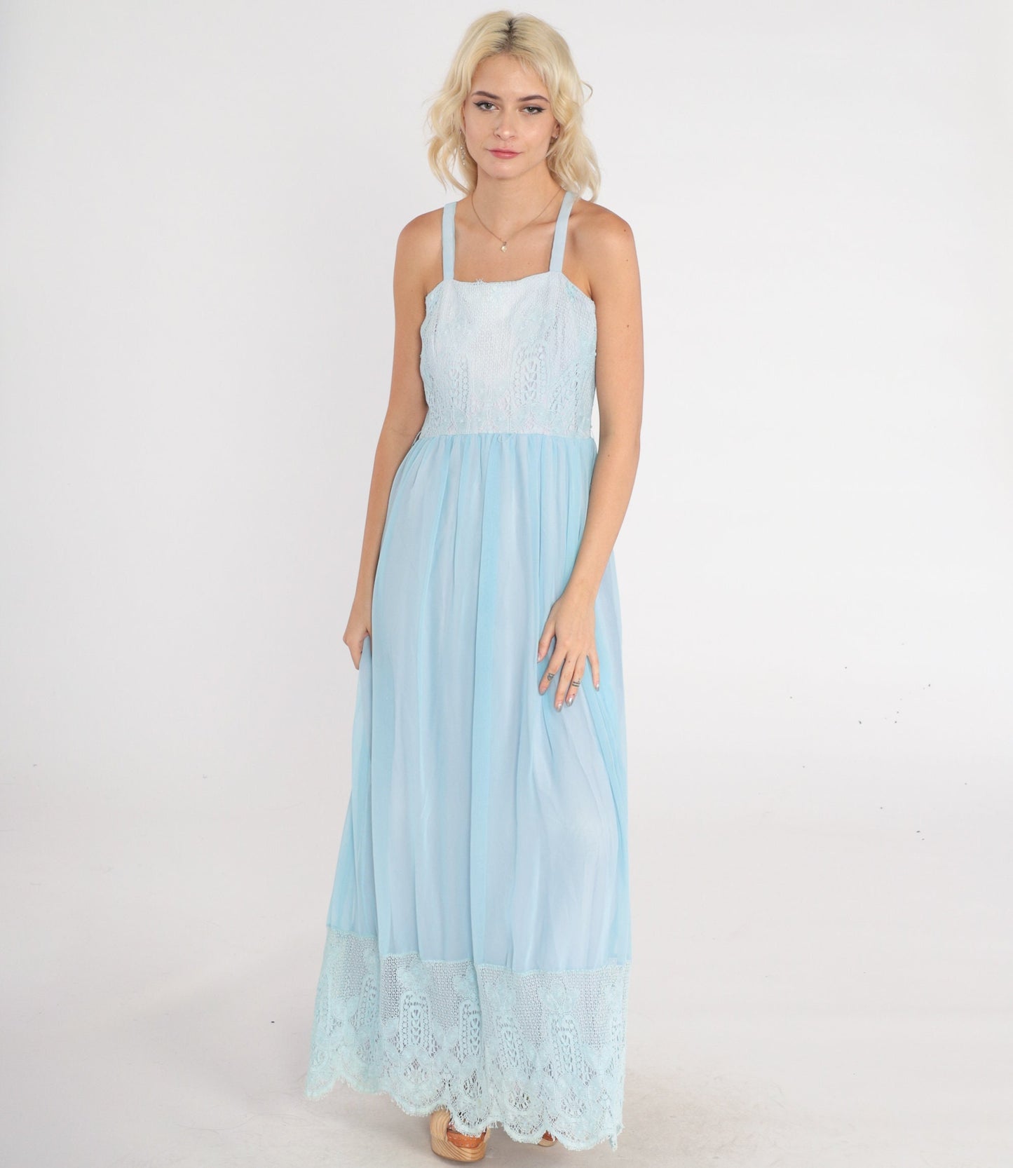 70s Baby Blue Lace Maxi Dress High Waist Tank Strap Sundress Small