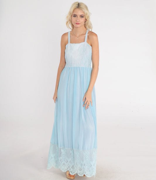 70s Baby Blue Lace Maxi Dress High Waist Tank Strap Sundress Small