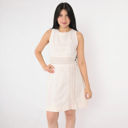 60s Mod Striped Mini Dress White Pastel High Waist Sleeveless A-Line Extra Small