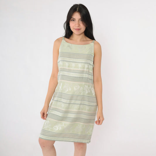 Y2K Fashion Bug Jacquard Mini Dress Light Green Floral Striped Sheath Medium