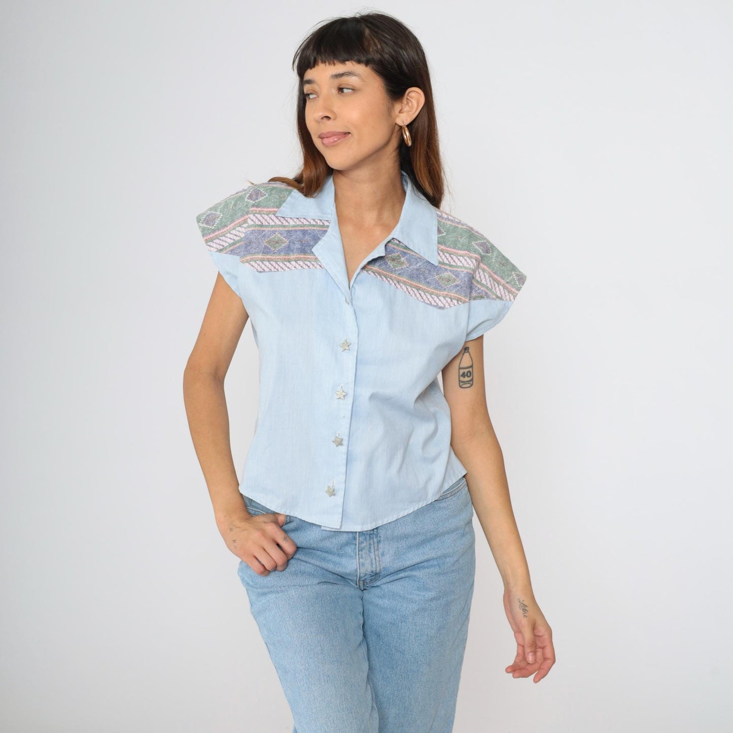 90s Southwestern Blue Striped Button-Up Blouse Star Print Cap Sleeve Medium