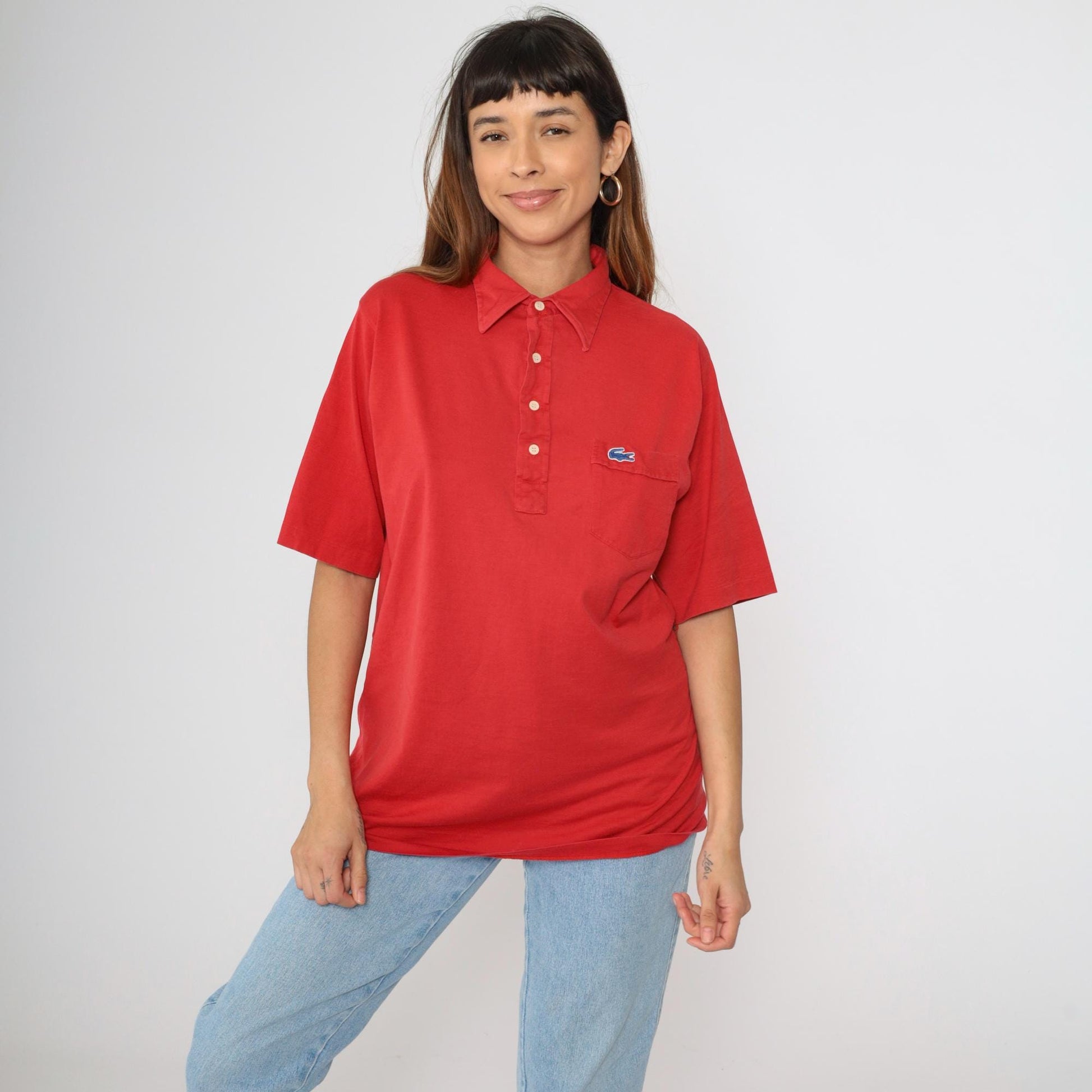 80s Lacoste Izod Polo Shirt Red Crocodile Logo Cotton Medium