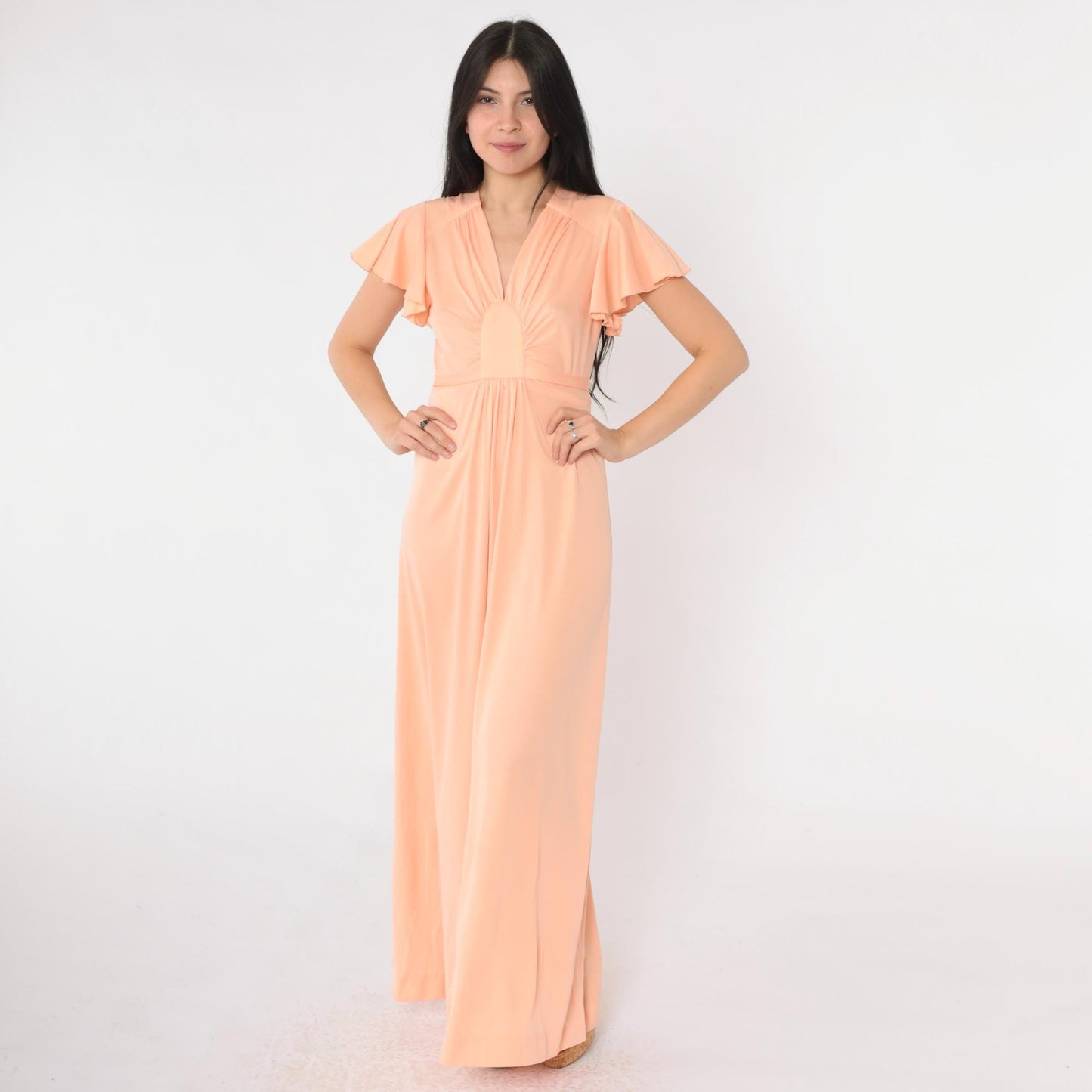 70s Peach Grecian Maxi Dress Flutter Sleeve V-Neck High Waist Small