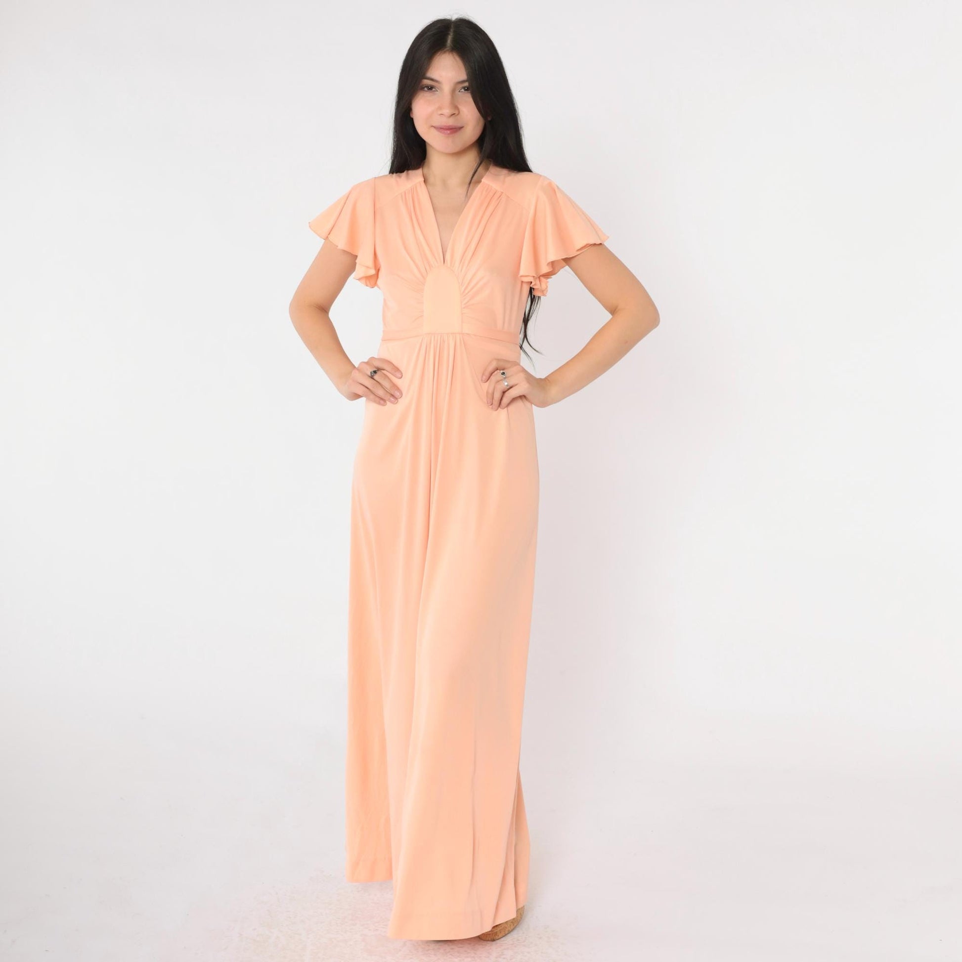 70s Peach Grecian Maxi Dress Flutter Sleeve V-Neck High Waist Small
