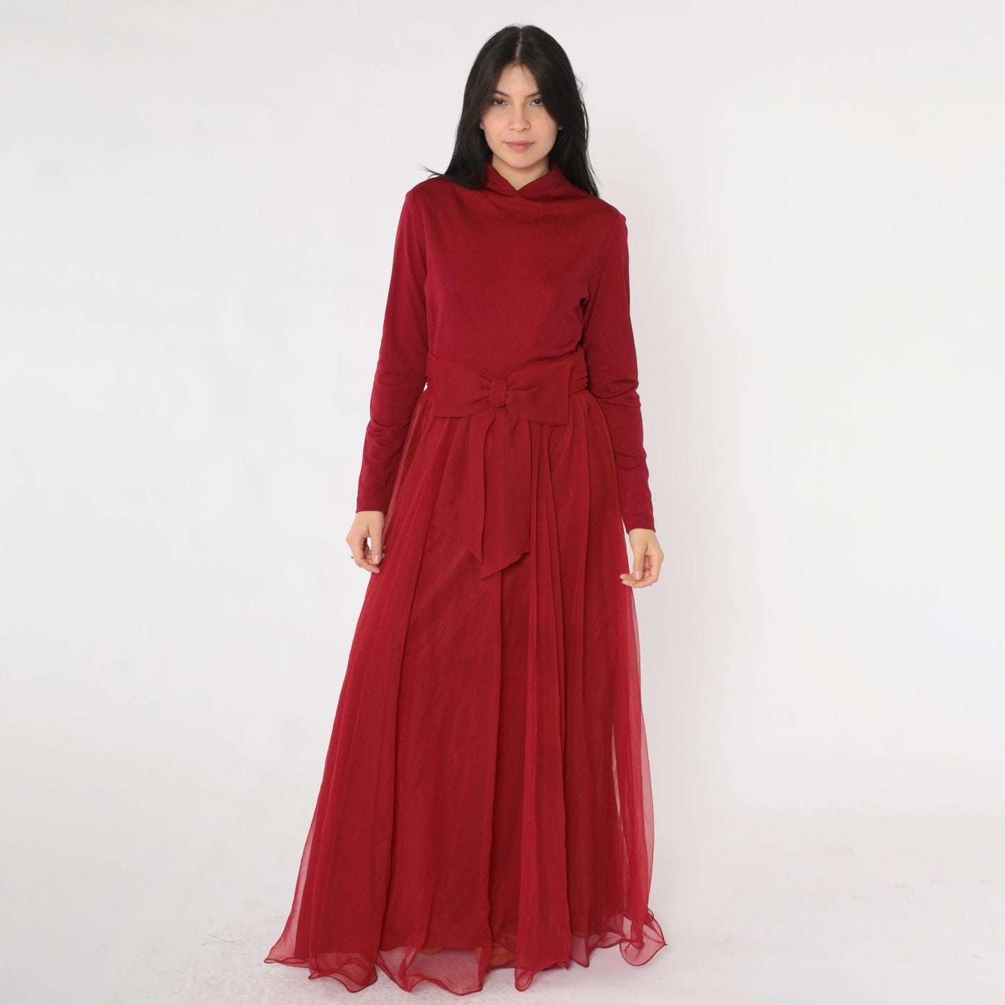 70s Burgundy Chiffon Maxi Dress Bow Waist Long Sleeve Small