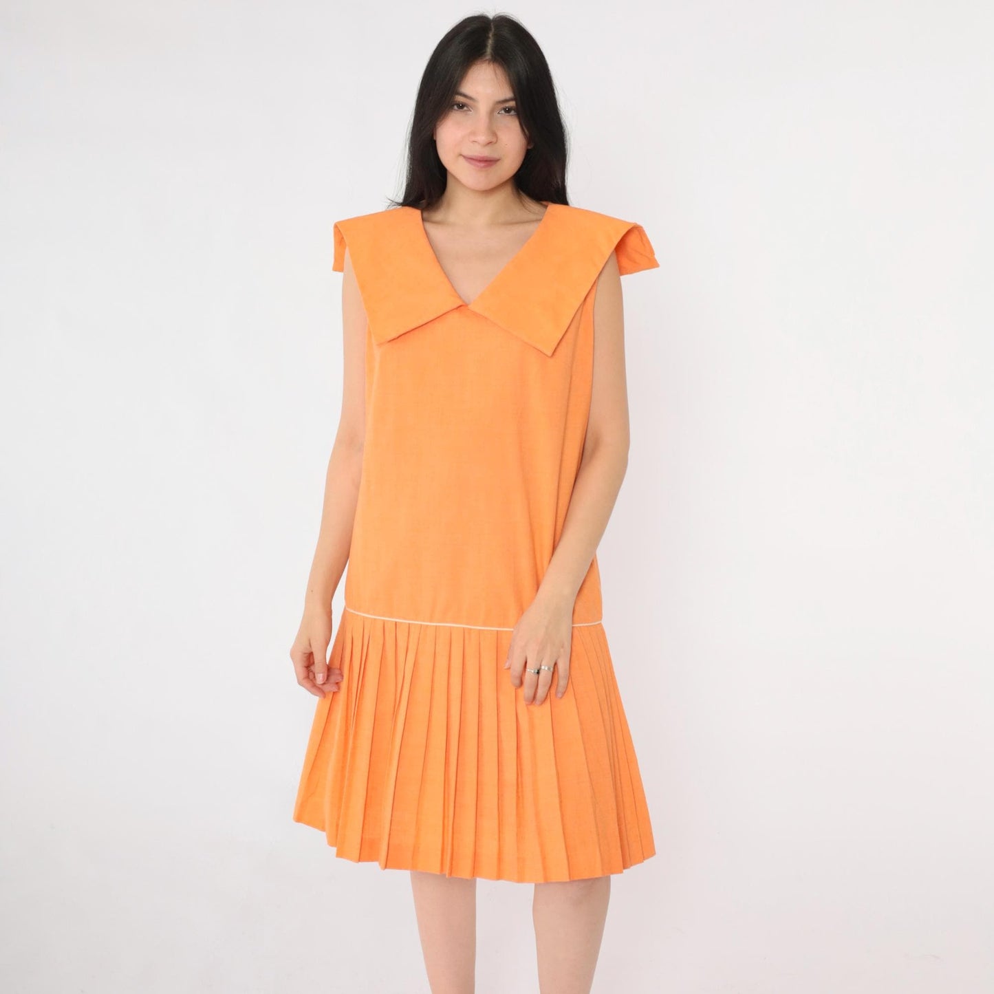 60s Mod Scooter Dress Orange Sailor Collar Drop Waist Pleated Knee Small