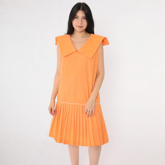 60s Mod Scooter Dress Orange Sailor Collar Drop Waist Pleated Knee Small