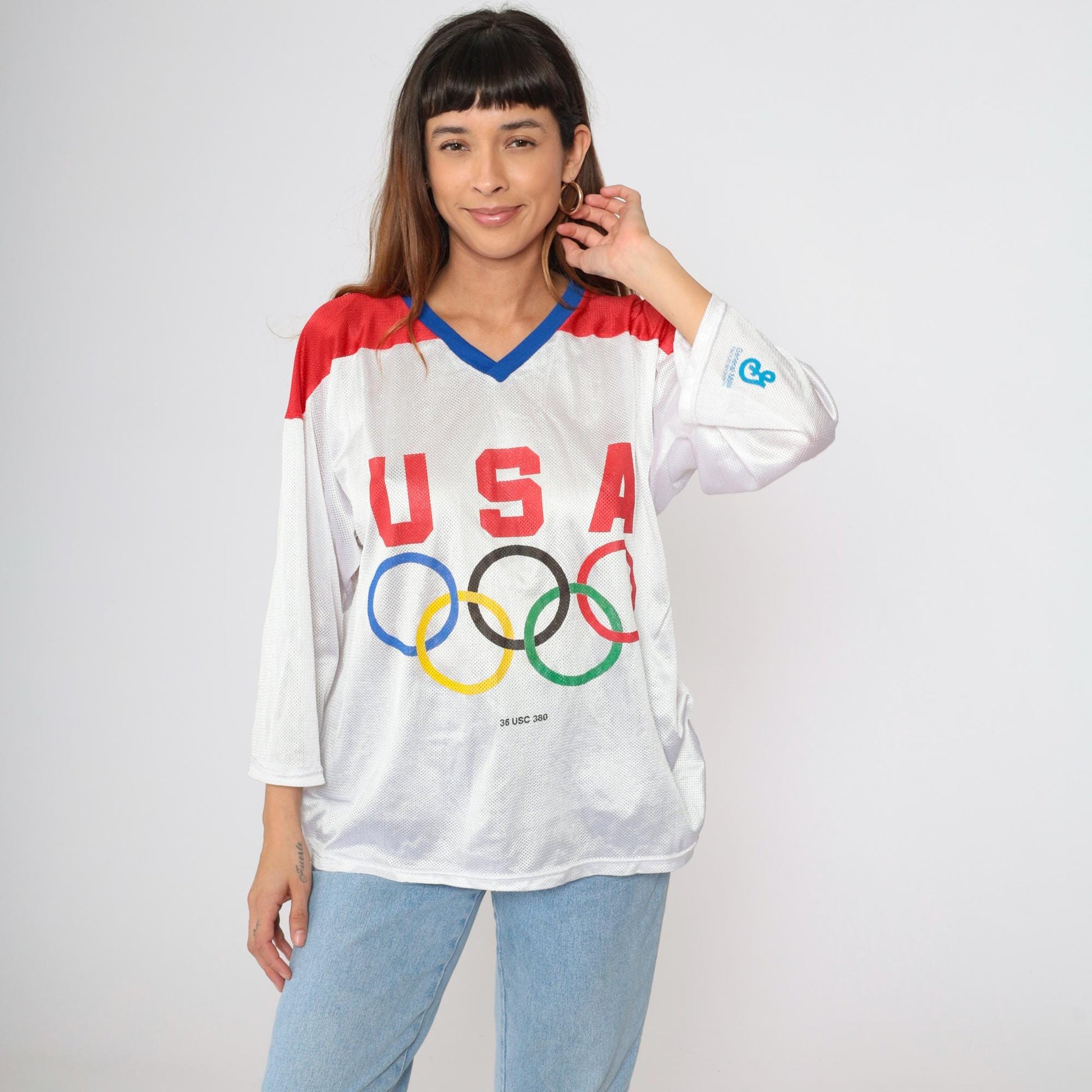 80s USA Mesh Hockey Jersey White Red Blue Block Lettering Medium