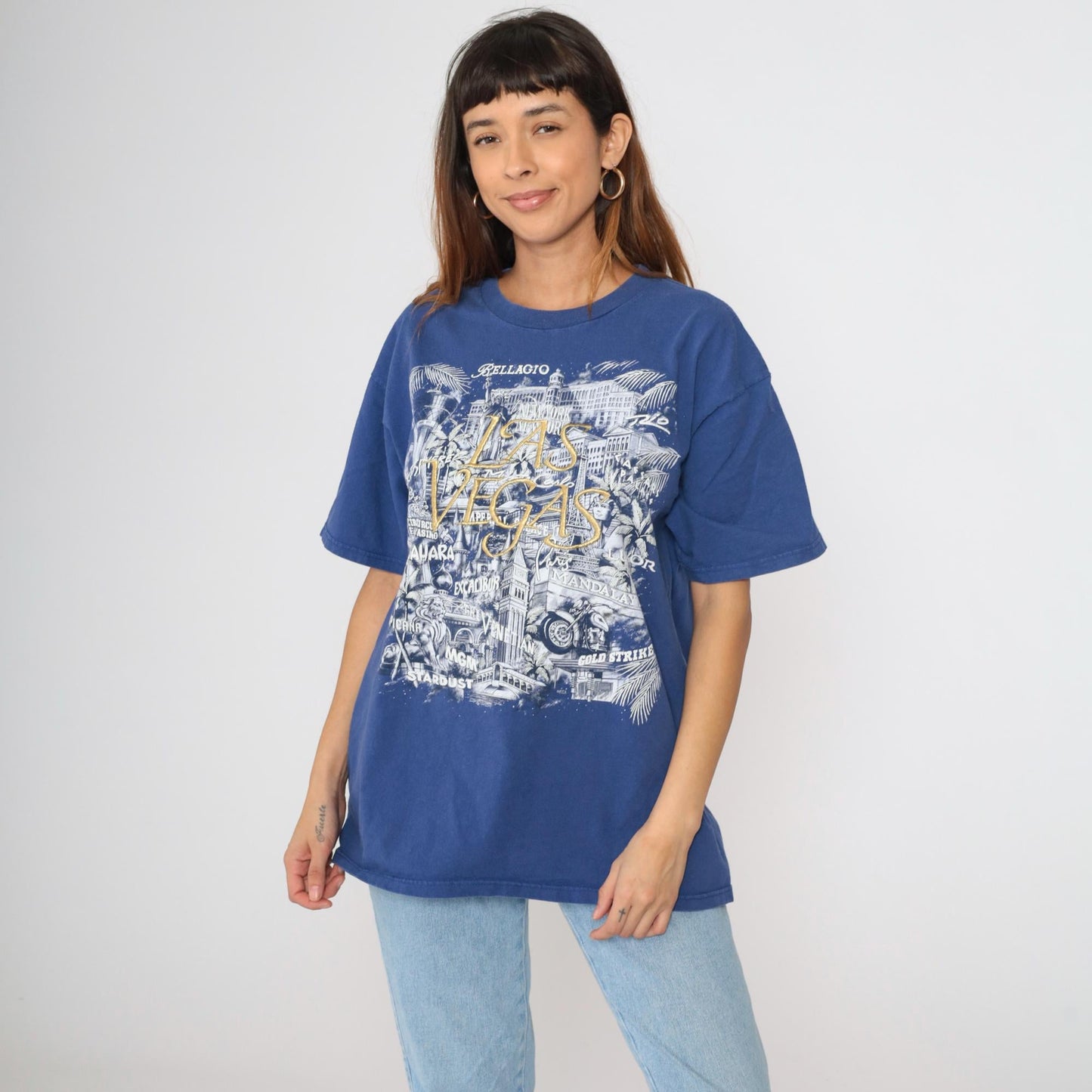 90s Las Vegas Strip Embroidered Graphic T-Shirt Blue Cotton Crewneck Extra Large XL
