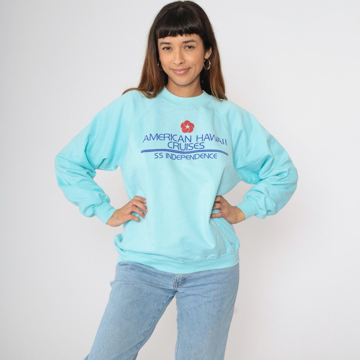 80s American Hawaii Cruises SS Independence Sweatshirt Aqua Graphic Large