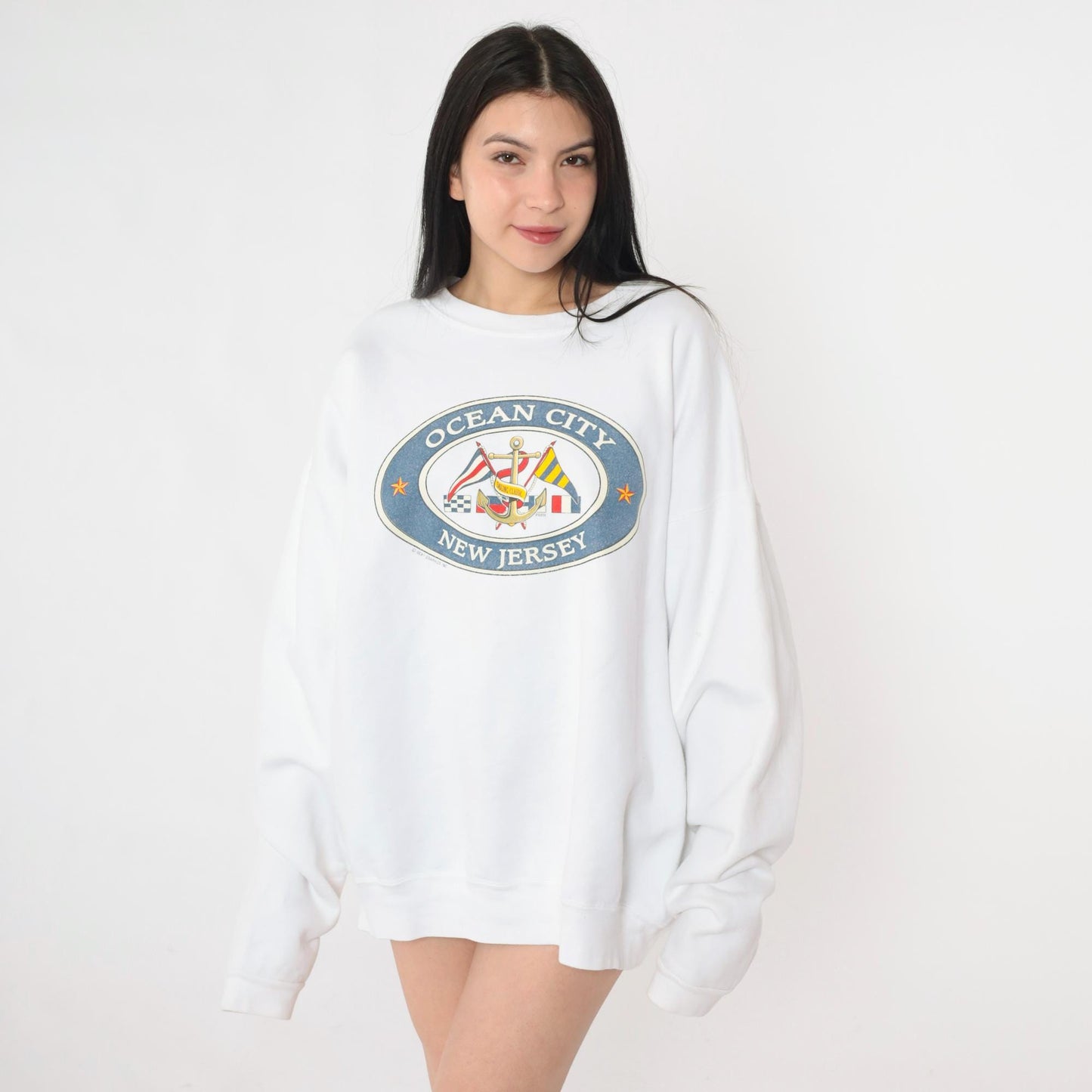 90s Ocean City New Jersey Nautical Anchor Graphic Sweatshirt White Crewneck XXL