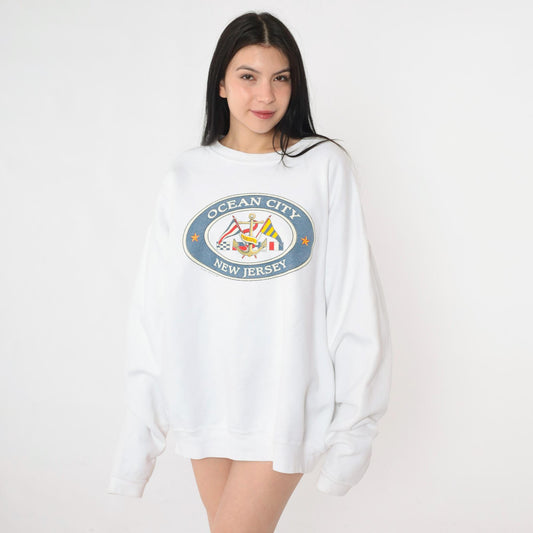90s Ocean City New Jersey Nautical Anchor Graphic Sweatshirt White Crewneck XXL
