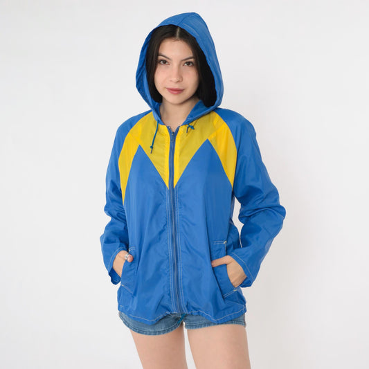 80s Blue Yellow Color Block Windbreaker Hooded Zip Jacket Medium