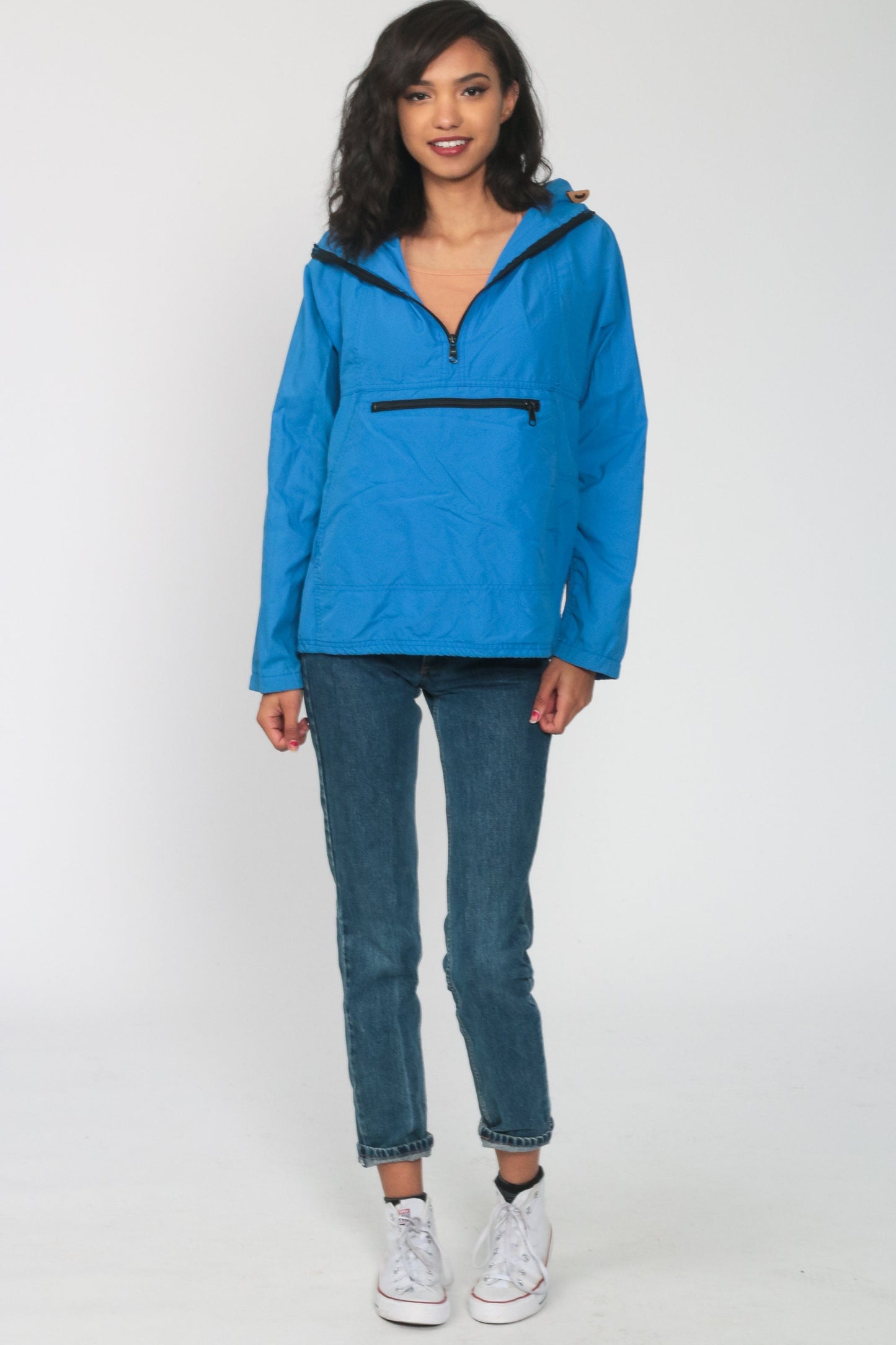 LL Bean Blue Hooded Half-Zip Windbreaker Jacket Women's Medium