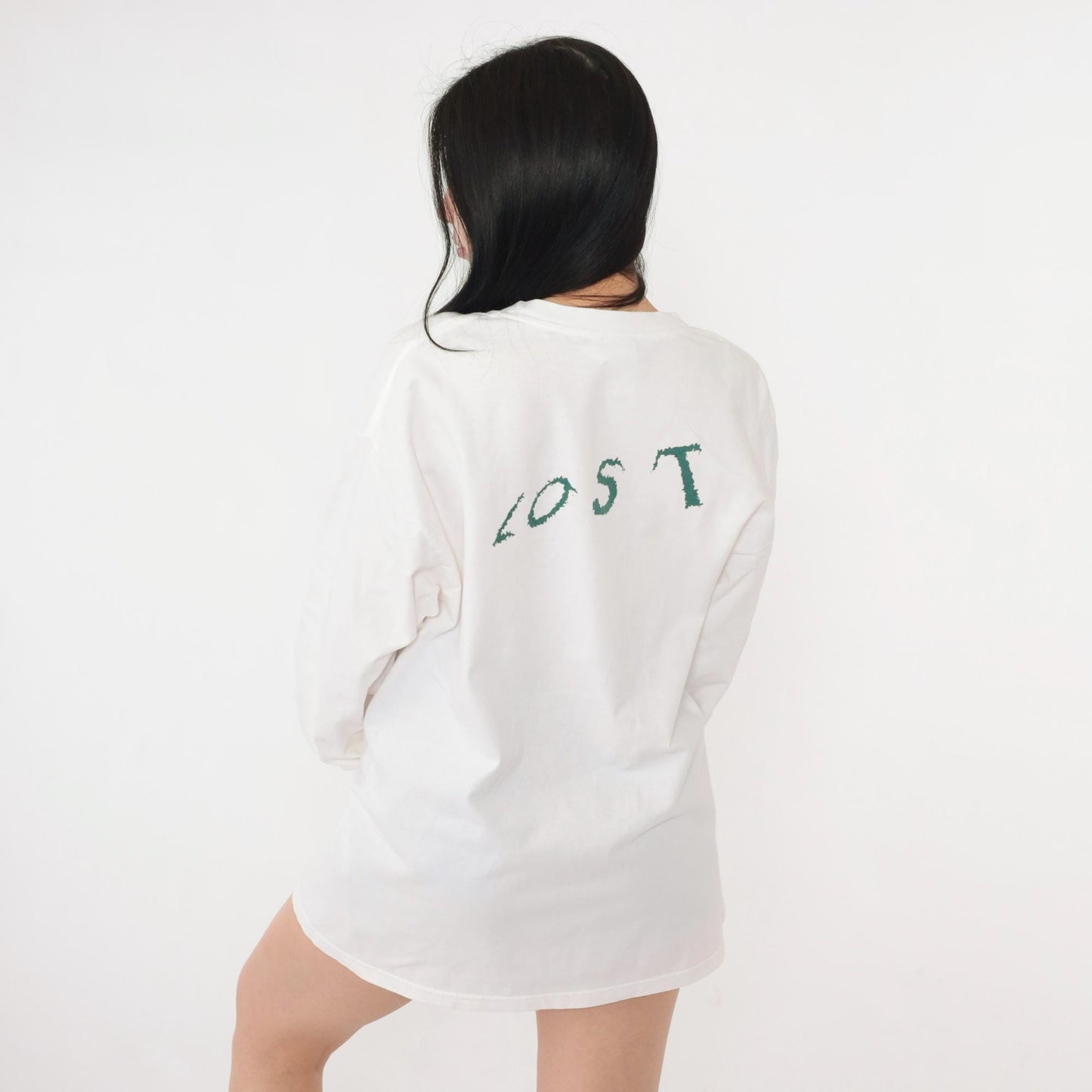 Y2K LOST Graphic Long Sleeve Tee White Hanes Beefy-T Small Medium
