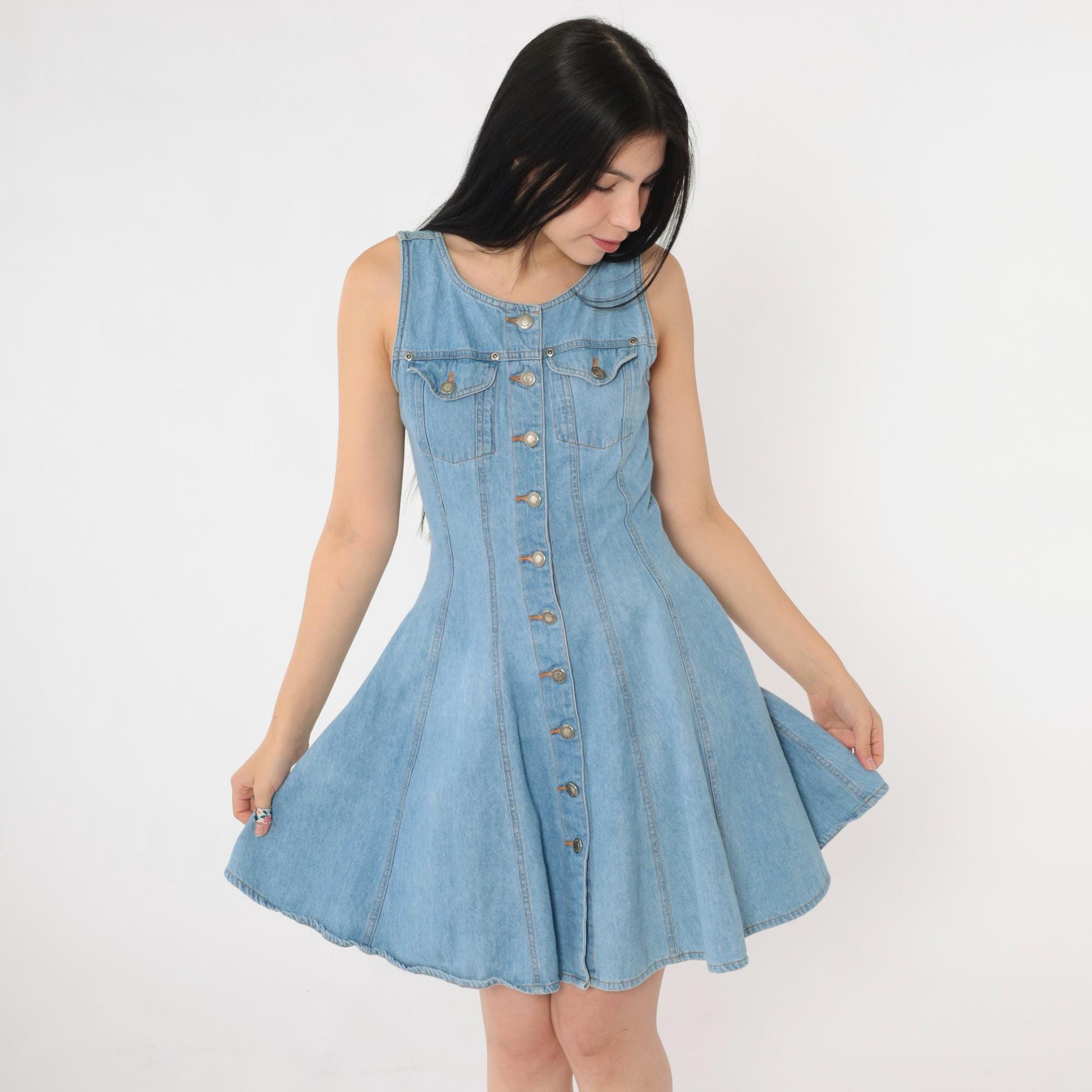 90s County Seat Denim Mini Dress Blue Button-Up Sleeveless Small S