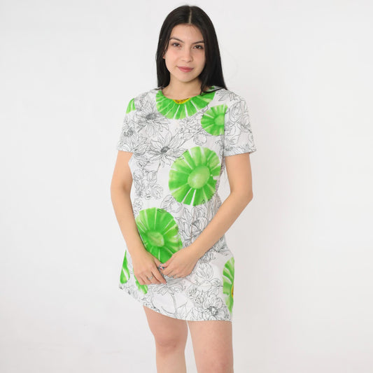90s White Floral Mini Dress Green Black Graphic Short Sleeve Shift Small S