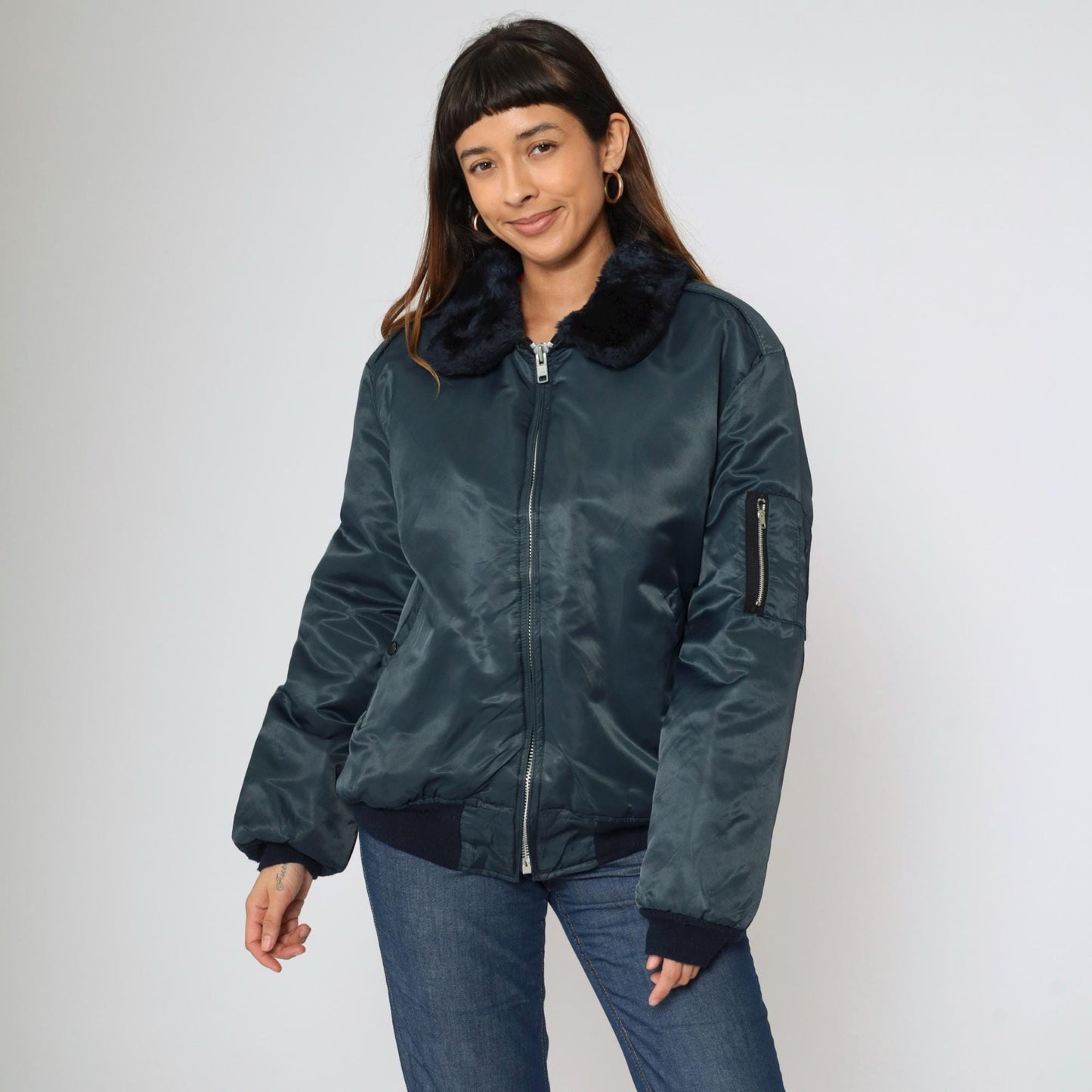 90s Dickies Navy Bomber Jacket Faux Fur Collar Quilted Lining Large L