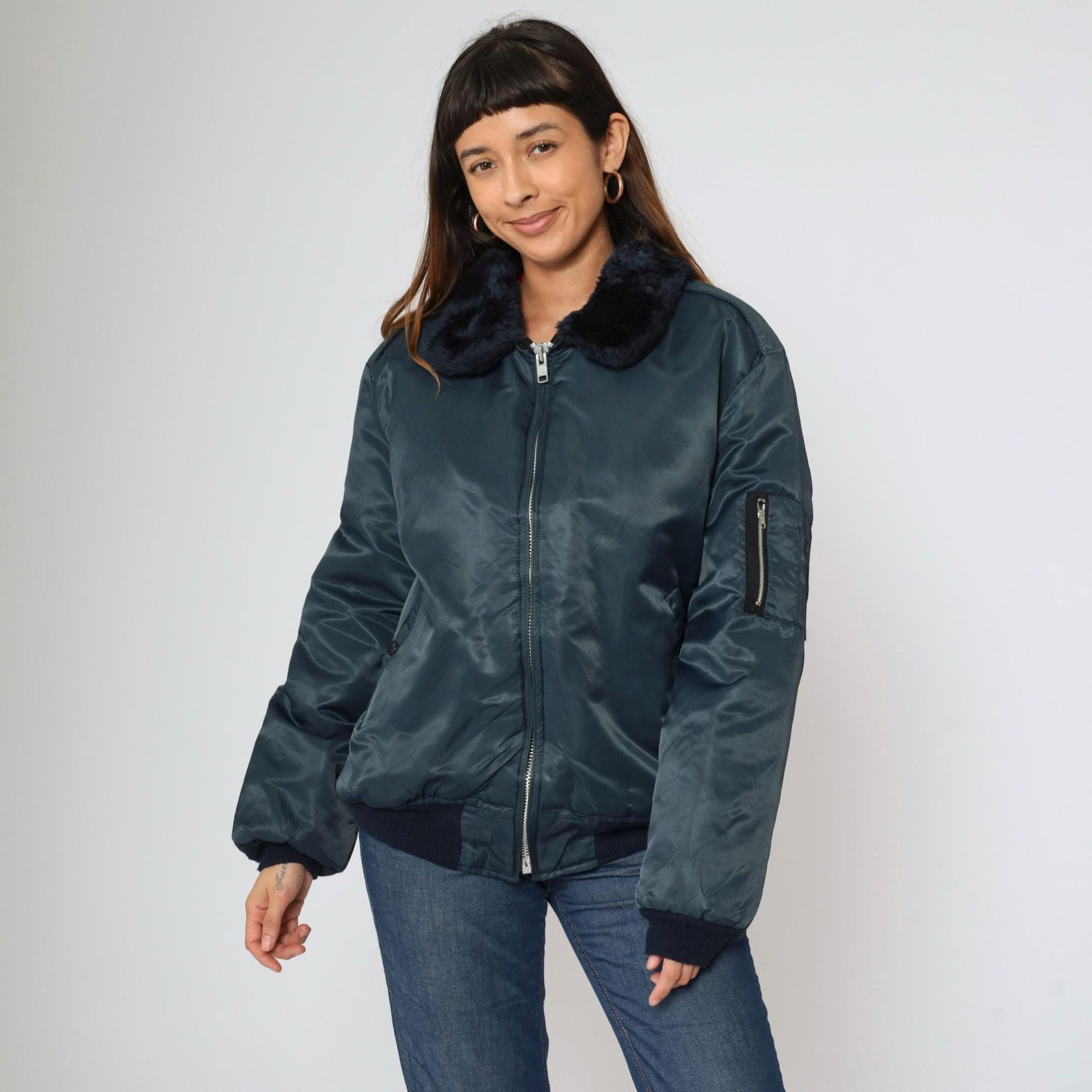 90s Dickies Navy Bomber Jacket Faux Fur Collar Quilted Lining Large L