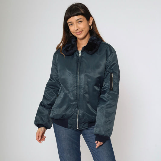 90s Dickies Navy Bomber Jacket Faux Fur Collar Quilted Lining Large L