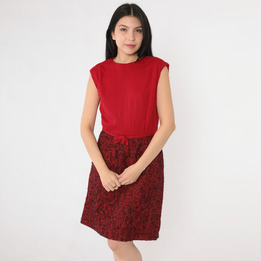 60s Peck & Peck Wool Mini Dress Red Abstract Print Bow Detail Small