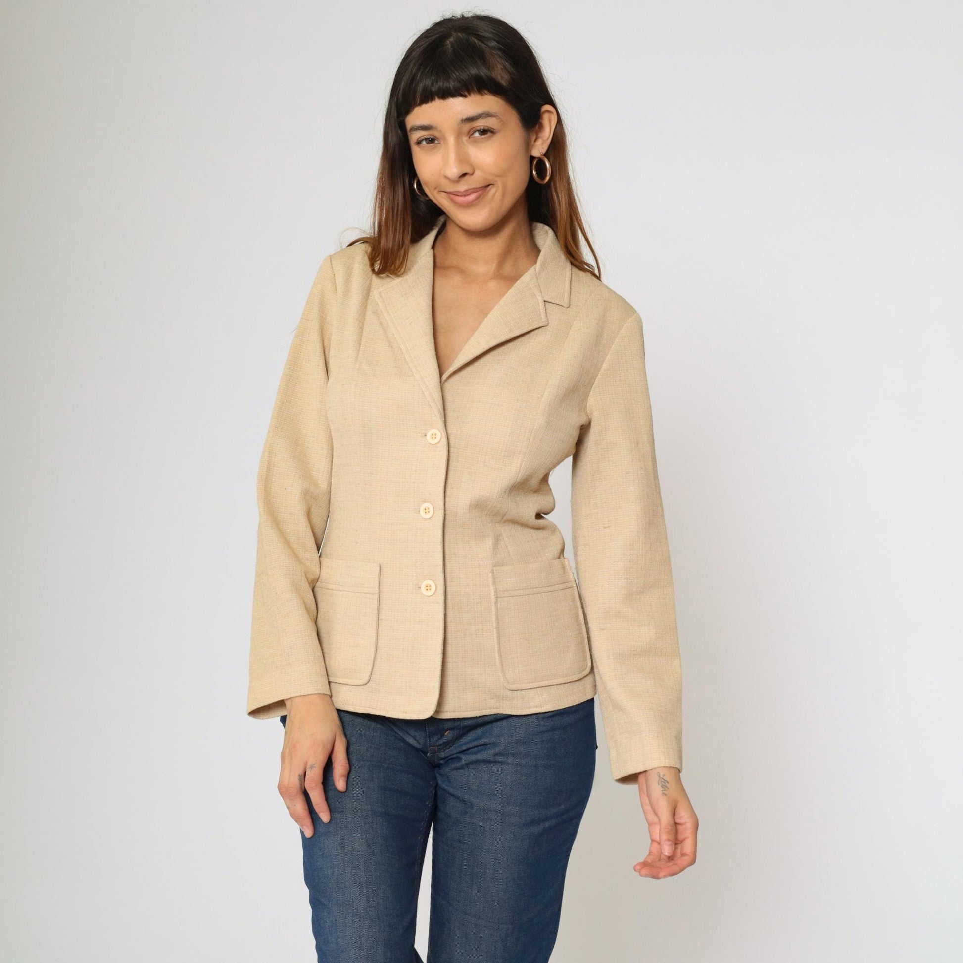 70s Beige Polyester Blazer Button-Up Jacket Deep V Neck Small