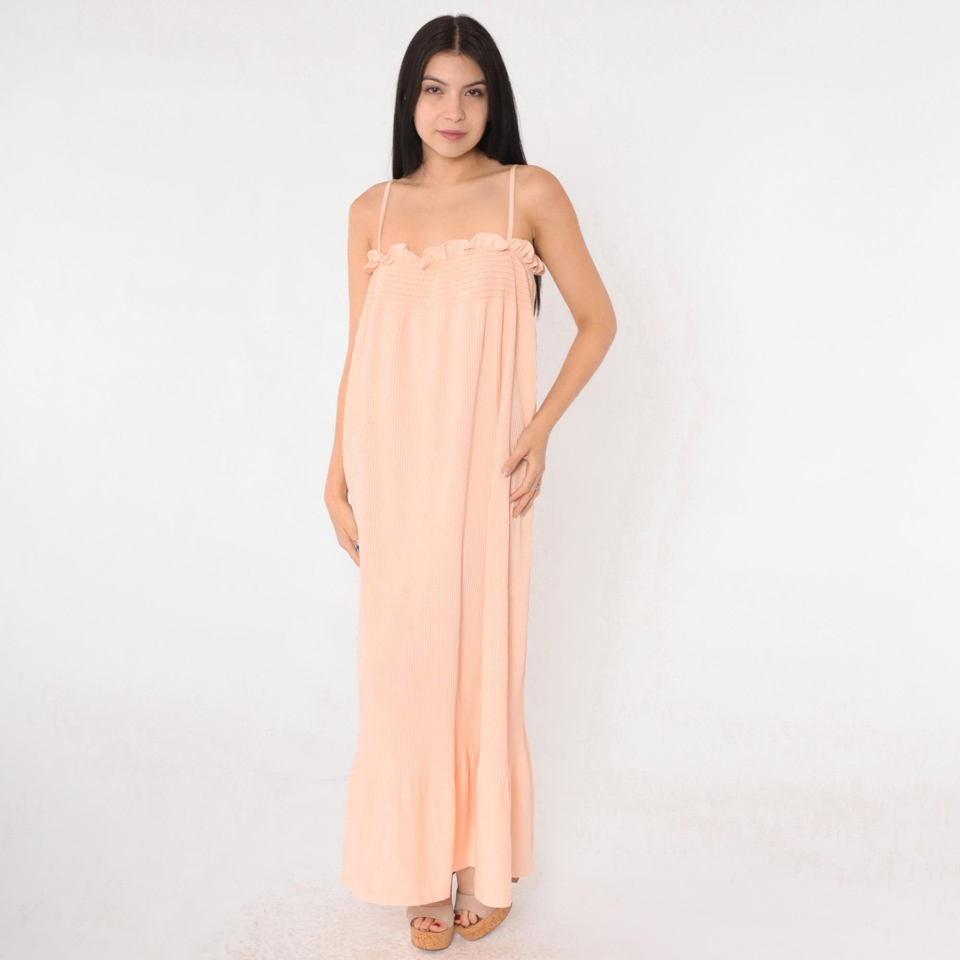 70s Peach Maxi Sundress Smocked Knife Pleated Spaghetti Strap Small Medium