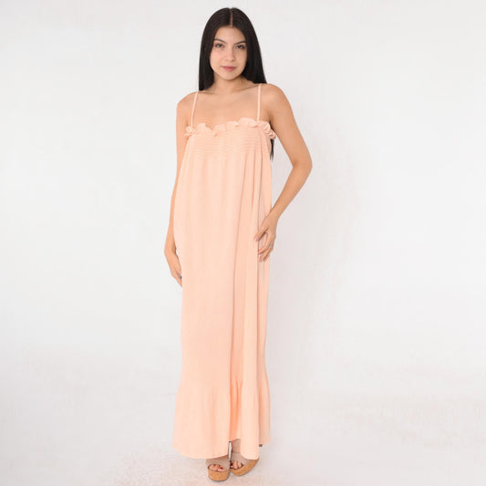 70s Peach Maxi Sundress Smocked Knife Pleated Spaghetti Strap Small Medium