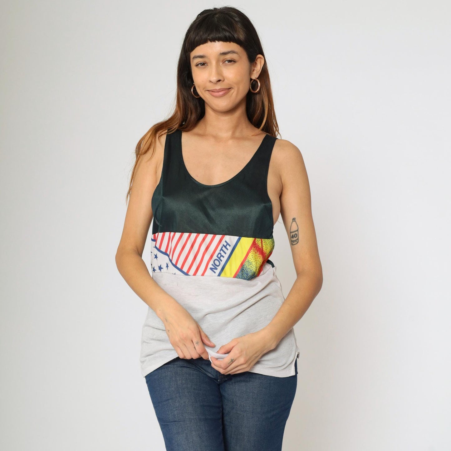 90s Colorblock Mesh Athletic Tank Top Flag Graphic Black White Small S