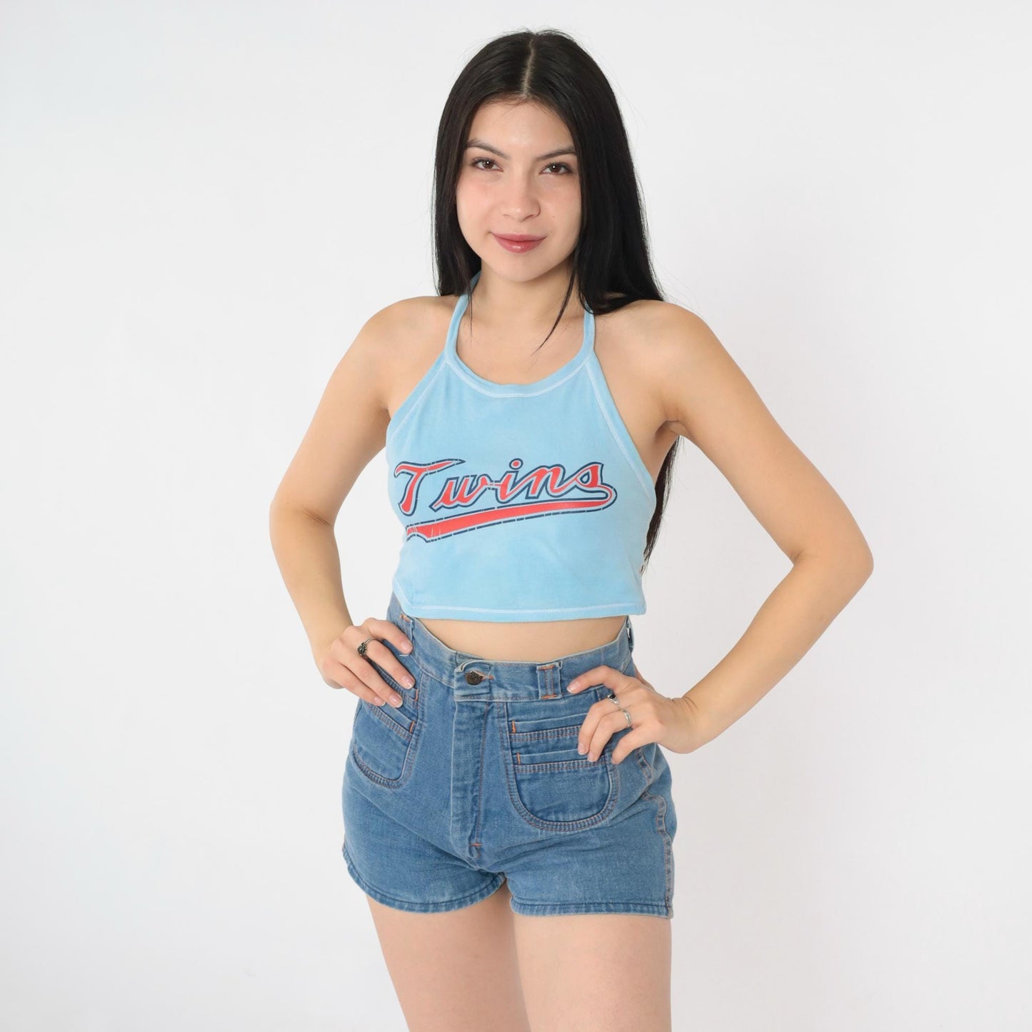 80s Twins Baseball Halter Crop Top Baby Blue Backless Medium M