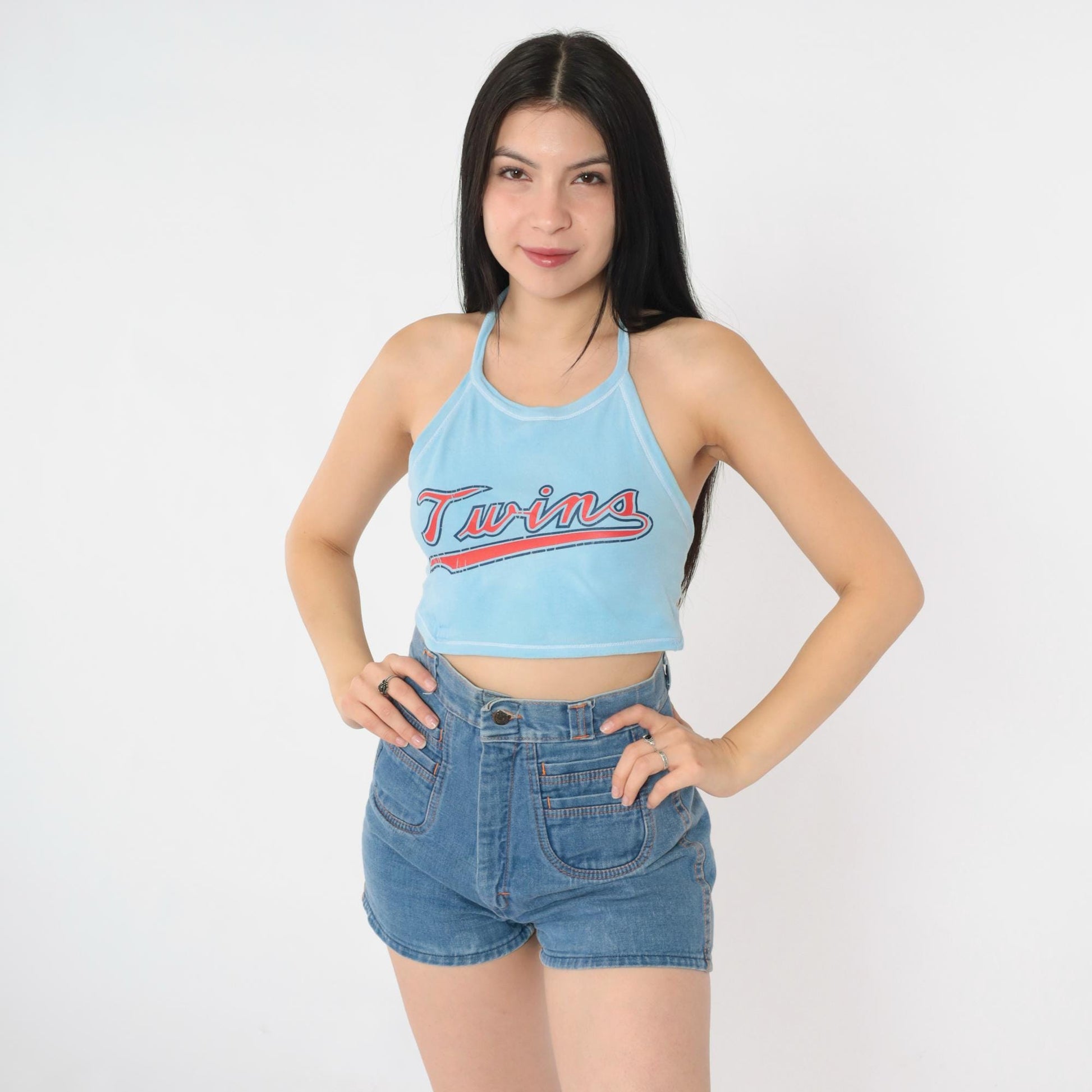 80s Twins Baseball Halter Crop Top Baby Blue Backless Medium M