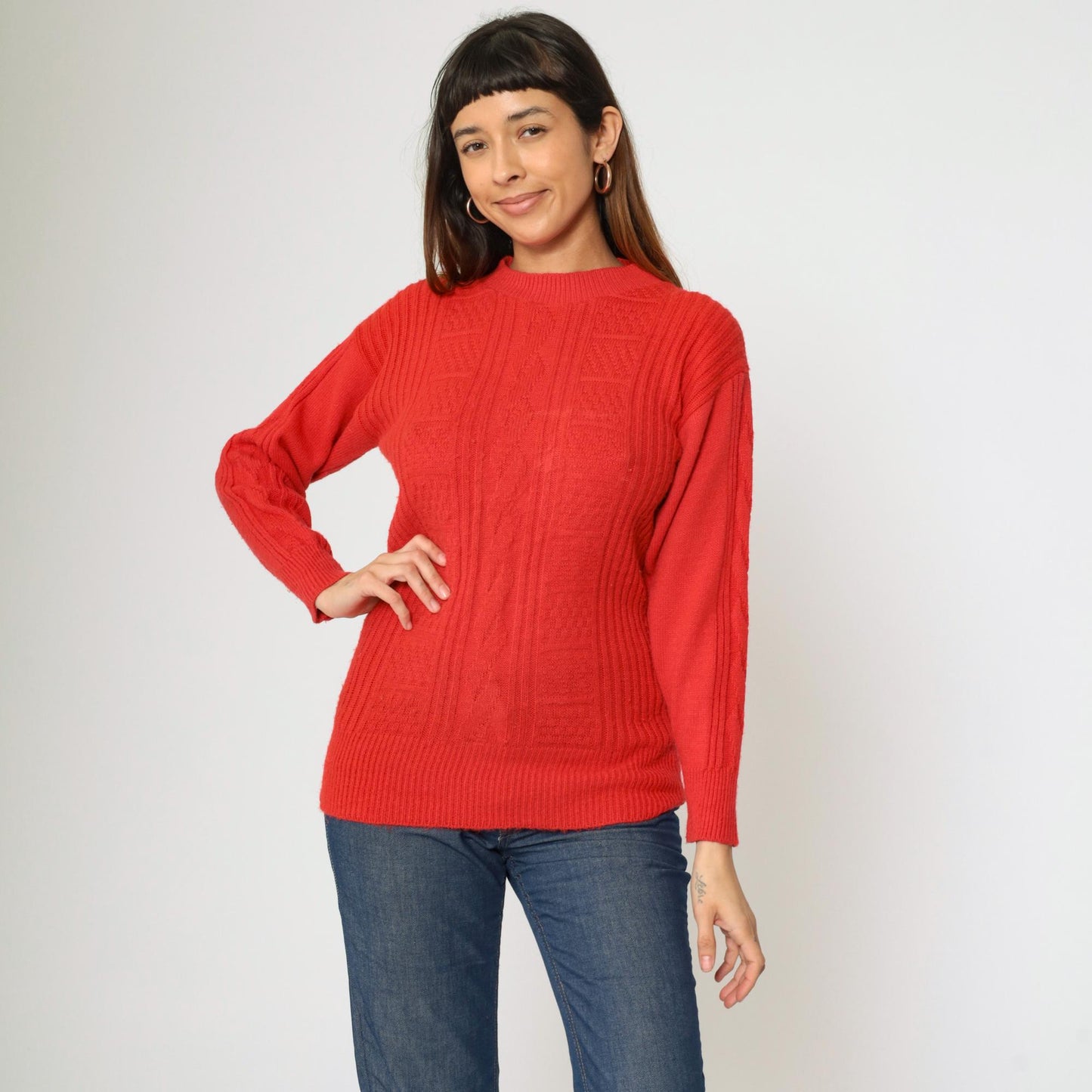 80s Cable Knit Sweater Red Textured Pullover Crewneck Extra Small