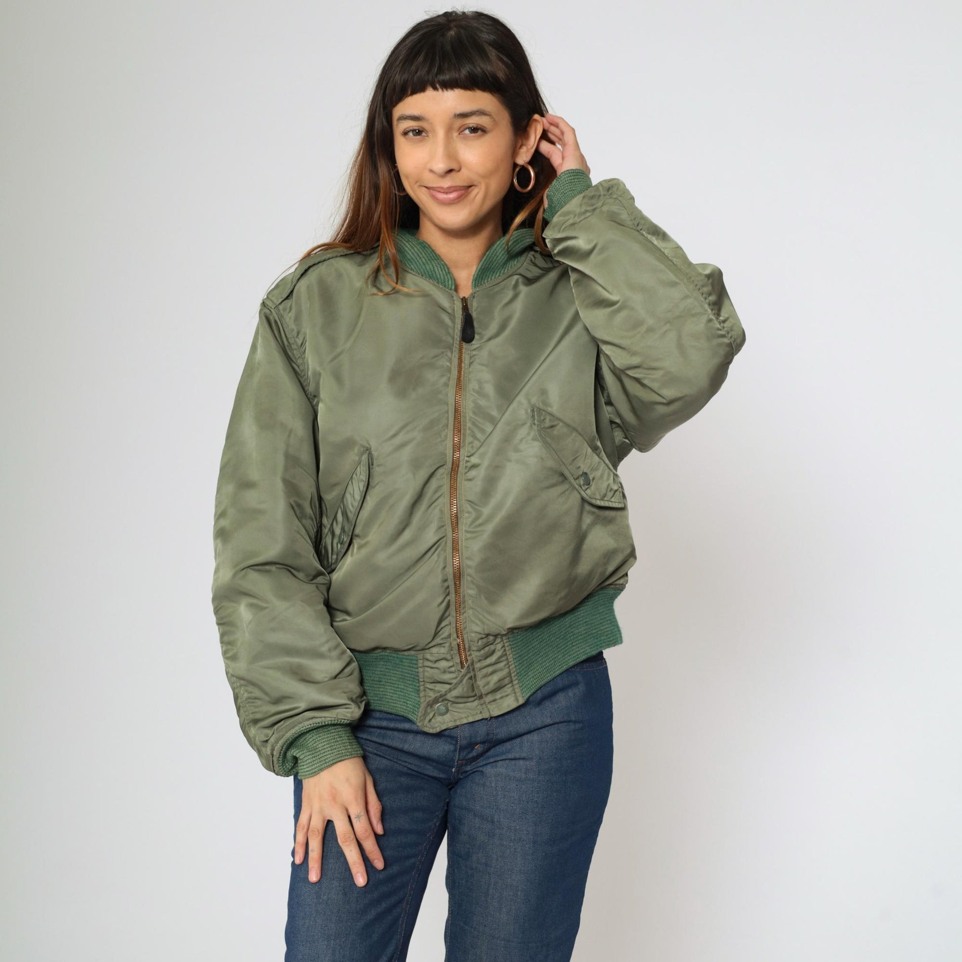 1960s USAF MA-1 Flight Jacket Alpha Industries Sage Green Orange Lined Large