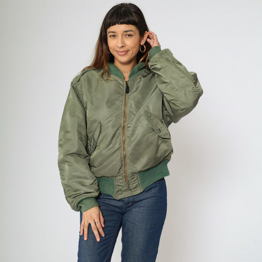 1960s USAF MA-1 Flight Jacket Alpha Industries Sage Green Orange Lined Large