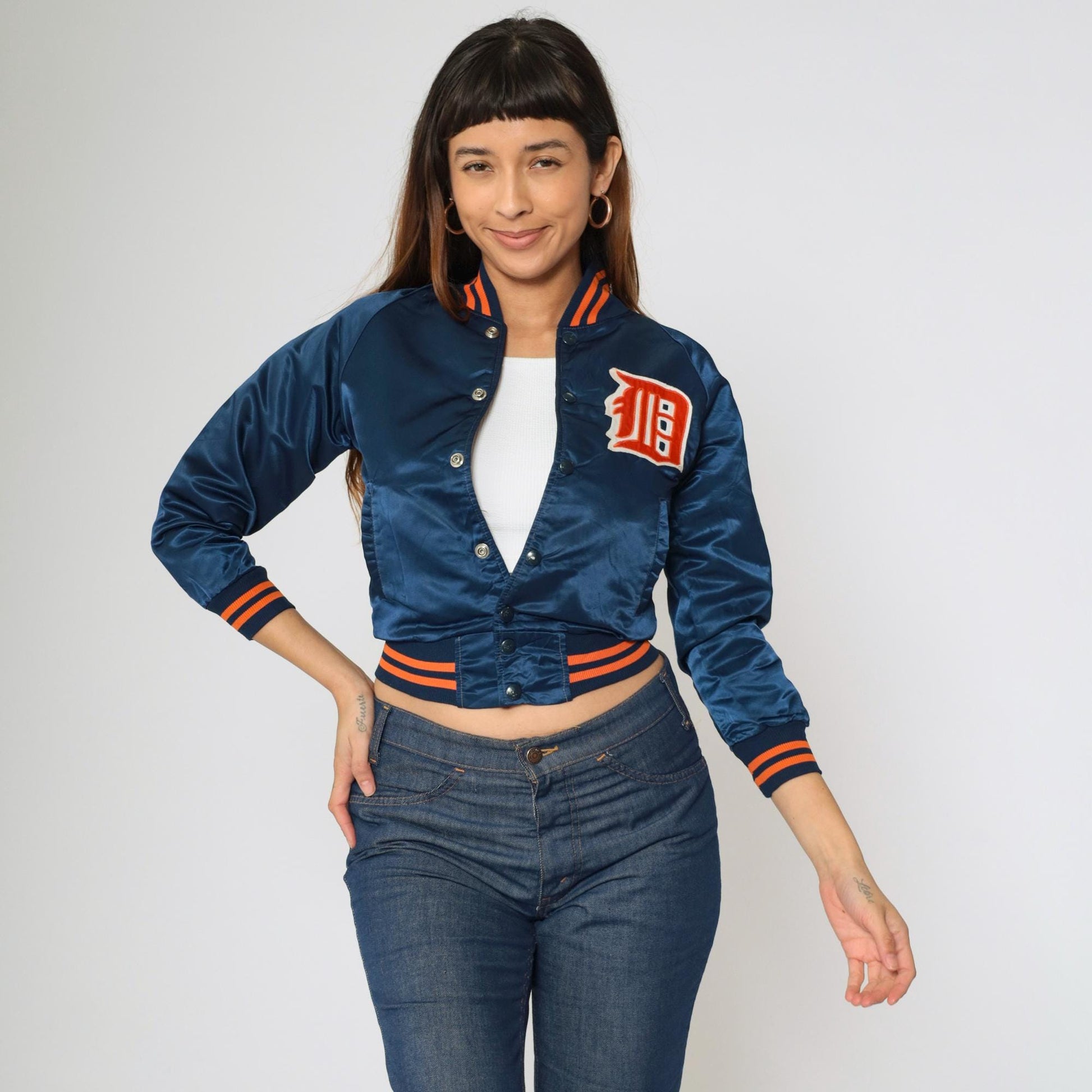 80s Detroit Tigers Satin Bomber Jacket Navy Blue Snap Front Kid's 12