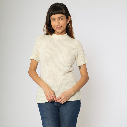 70s Rosanna Cream Ribbed Knit Mock Neck Short Sleeve Top Small Medium