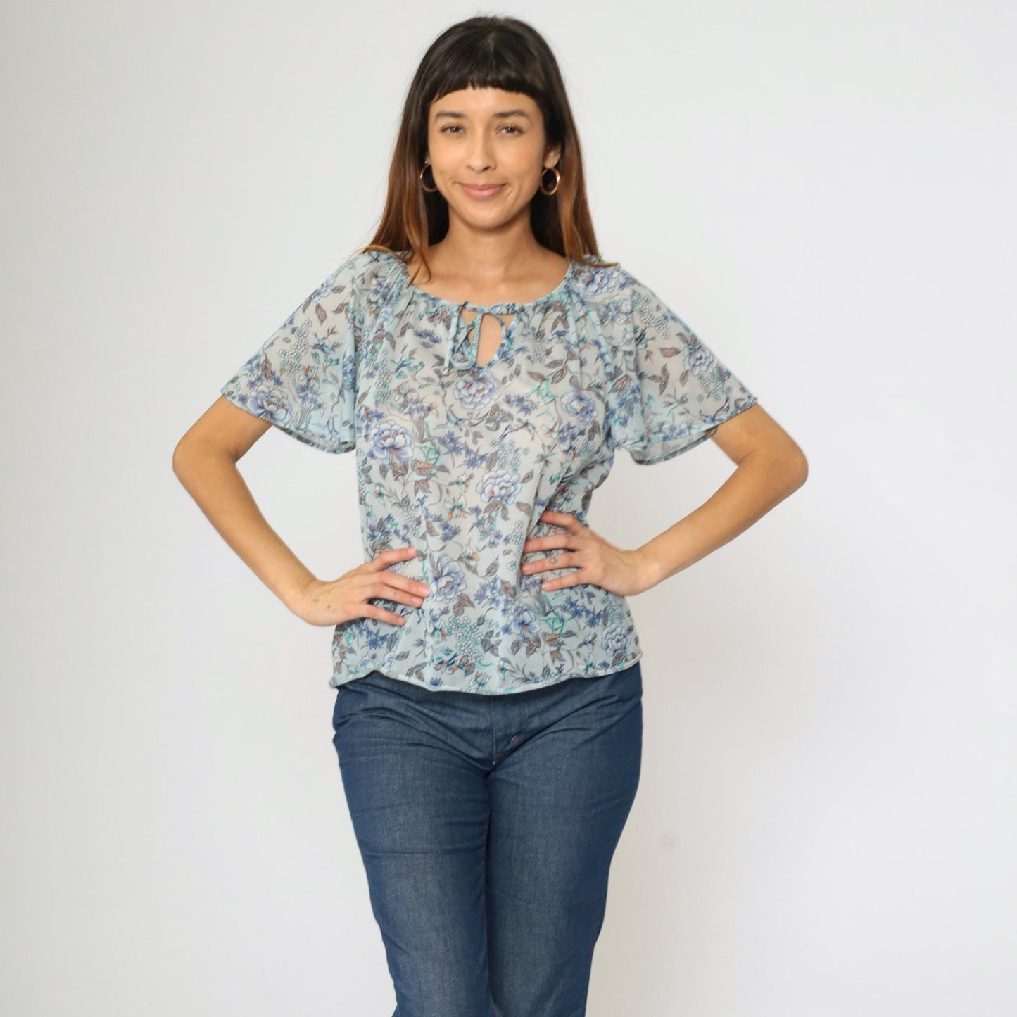 70s Teddi of California Floral Blouse Blue Keyhole Tie Neck Flutter Sleeve Small