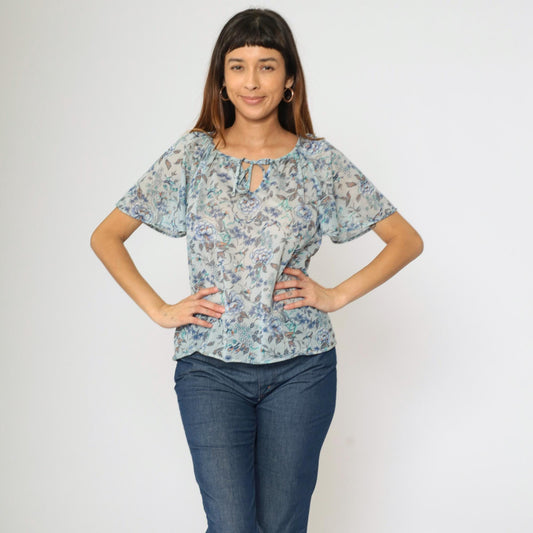 70s Teddi of California Floral Blouse Blue Keyhole Tie Neck Flutter Sleeve Small