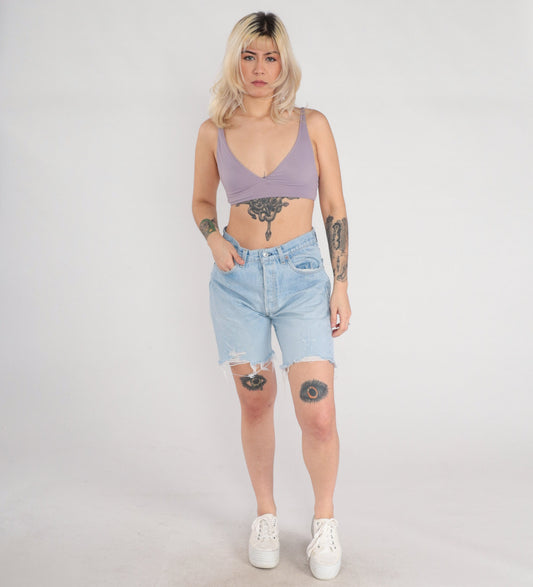 90s Levi's Light Wash Denim Cutoff Shorts High Waist Frayed Medium