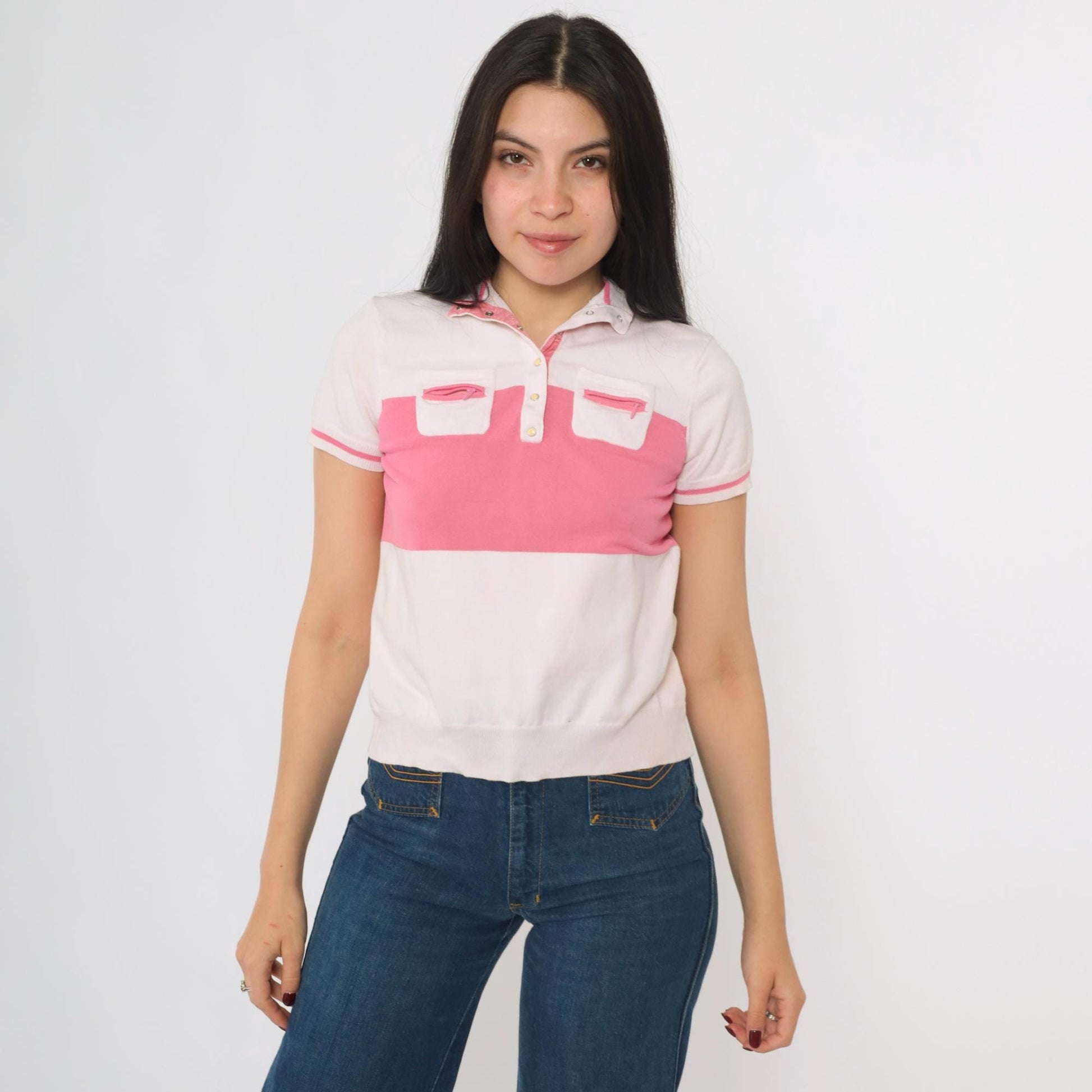 80s Jamie Sadock Striped Polo Shirt White Pink Snap Button Short Sleeve Extra Small