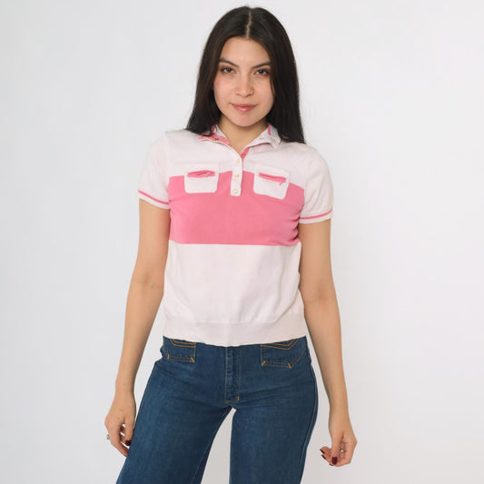 80s Jamie Sadock Striped Polo Shirt White Pink Snap Button Short Sleeve Extra Small