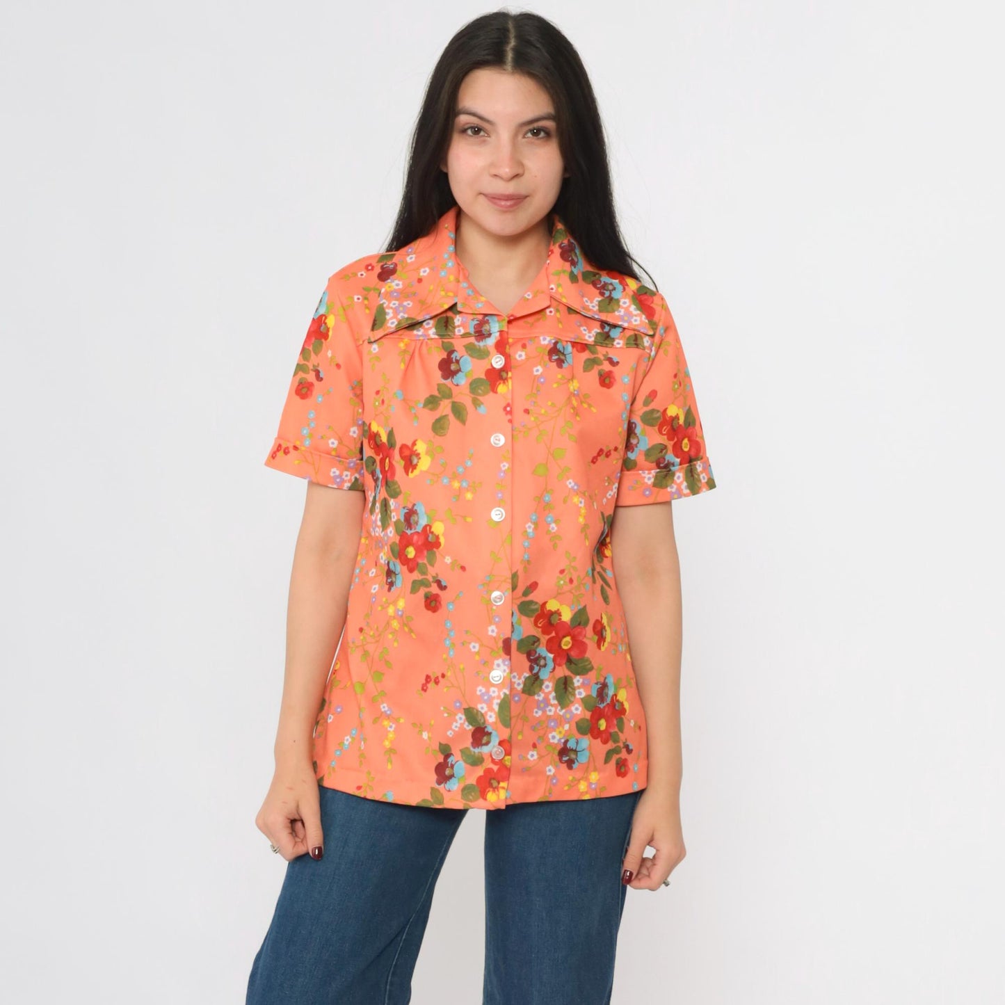 70s Smartique Floral Button-Up Blouse Orange Dagger Collar Short Sleeve Medium
