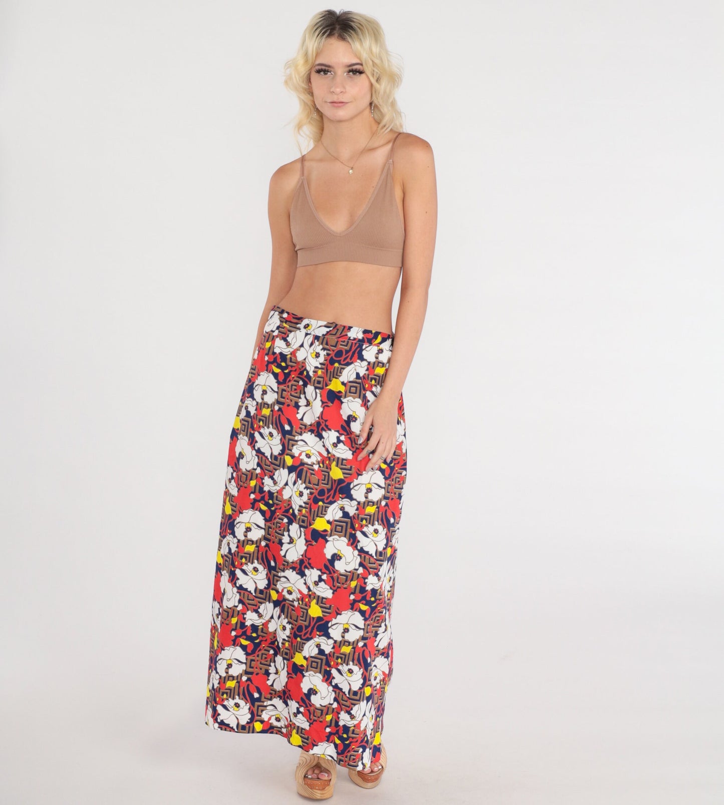 70s Psychedelic Floral Maxi Skirt High Waist Zipper Red White Blue Medium
